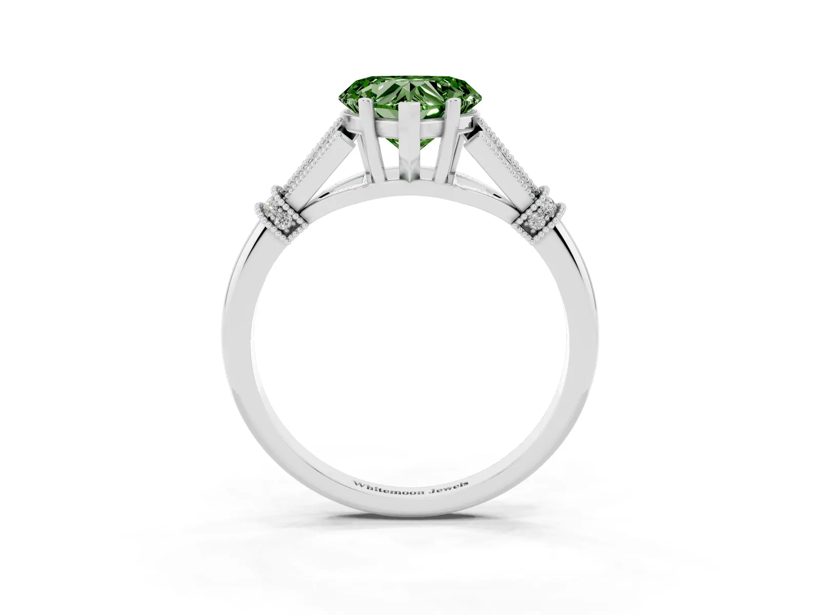 Fancy Green Heart Cut Diamond Solitaire Ring with Floral Filigree and Pave Accents Platinum
