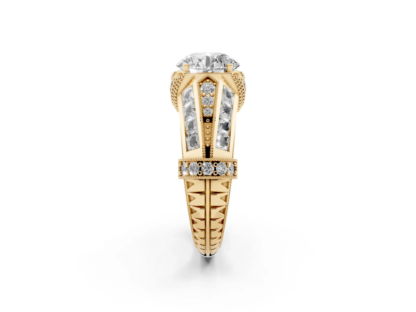 Vintage Milgrain Round Cut Diamond Split Shank Ring with Prong Setting Yellow gold