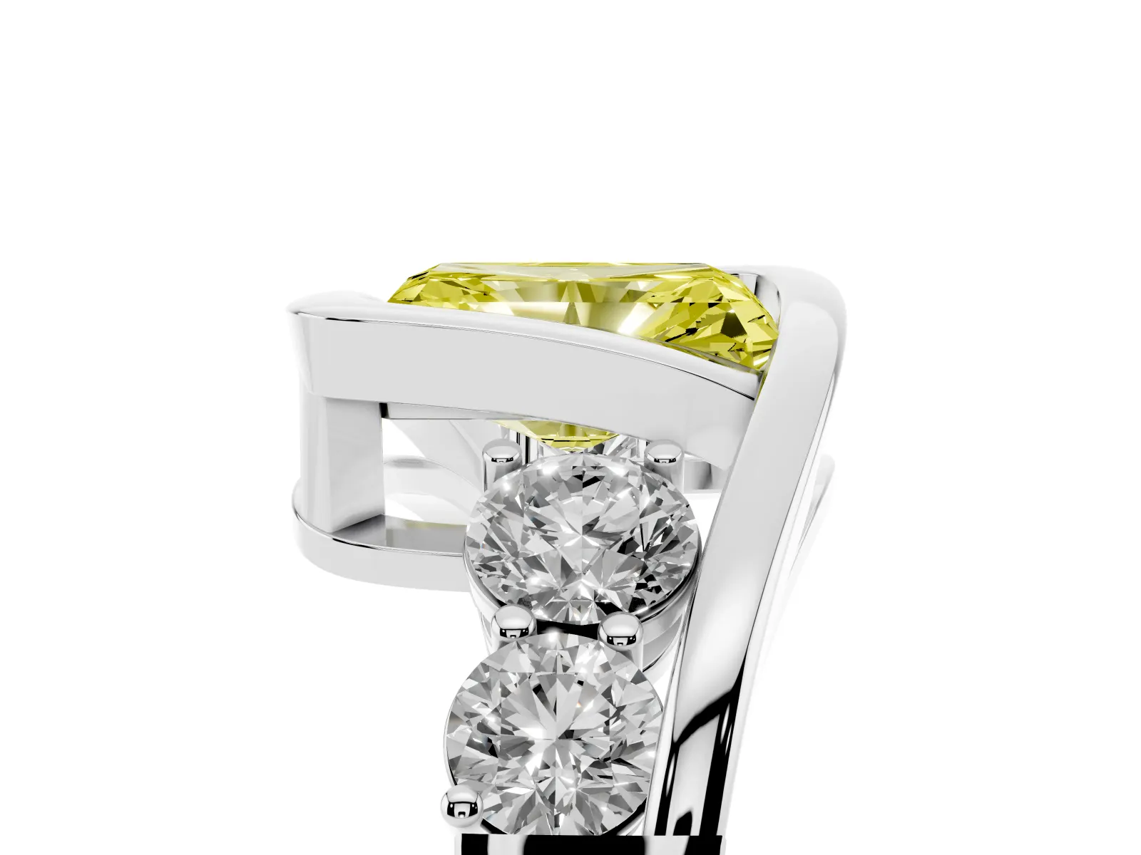 Fancy Yellow Bezel Set Radiant Cut Diamond Bypass Ring with Round Accents White gold