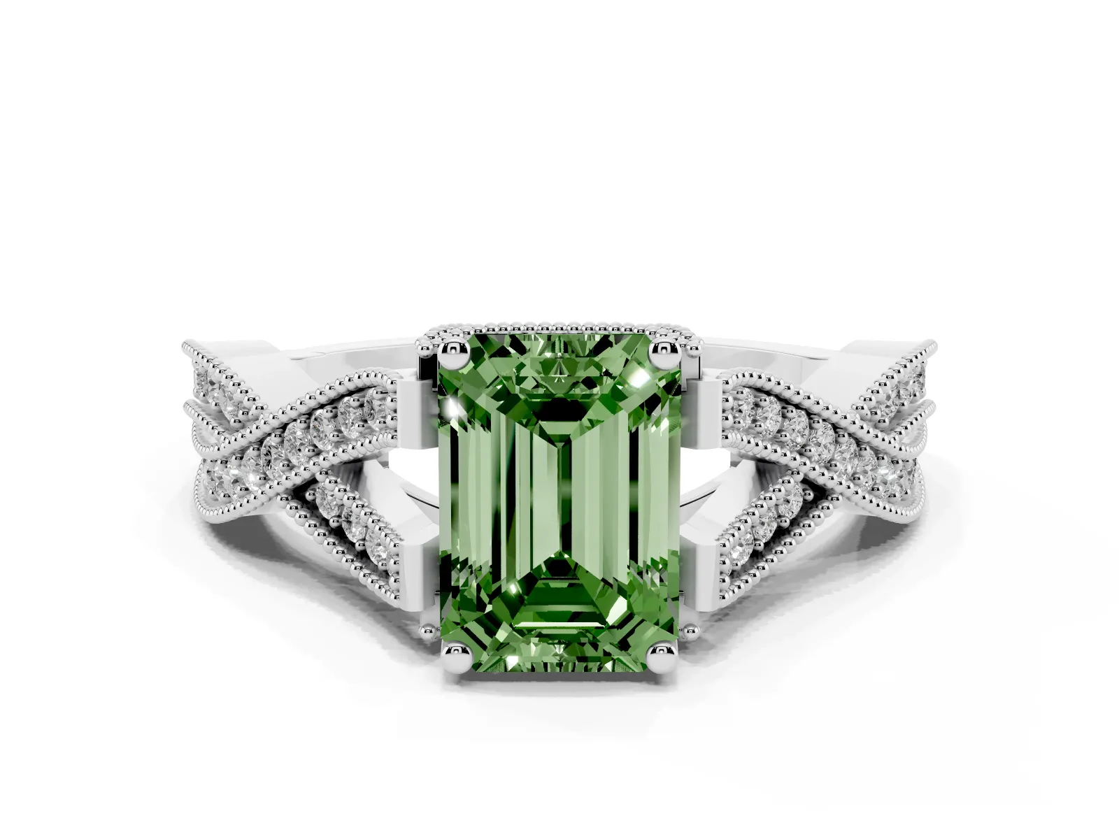 Fancy Green Emerald Cut Cut Diamond Twisted Band with Milgrain Pave Setting and Four-Prong Setting Platinum