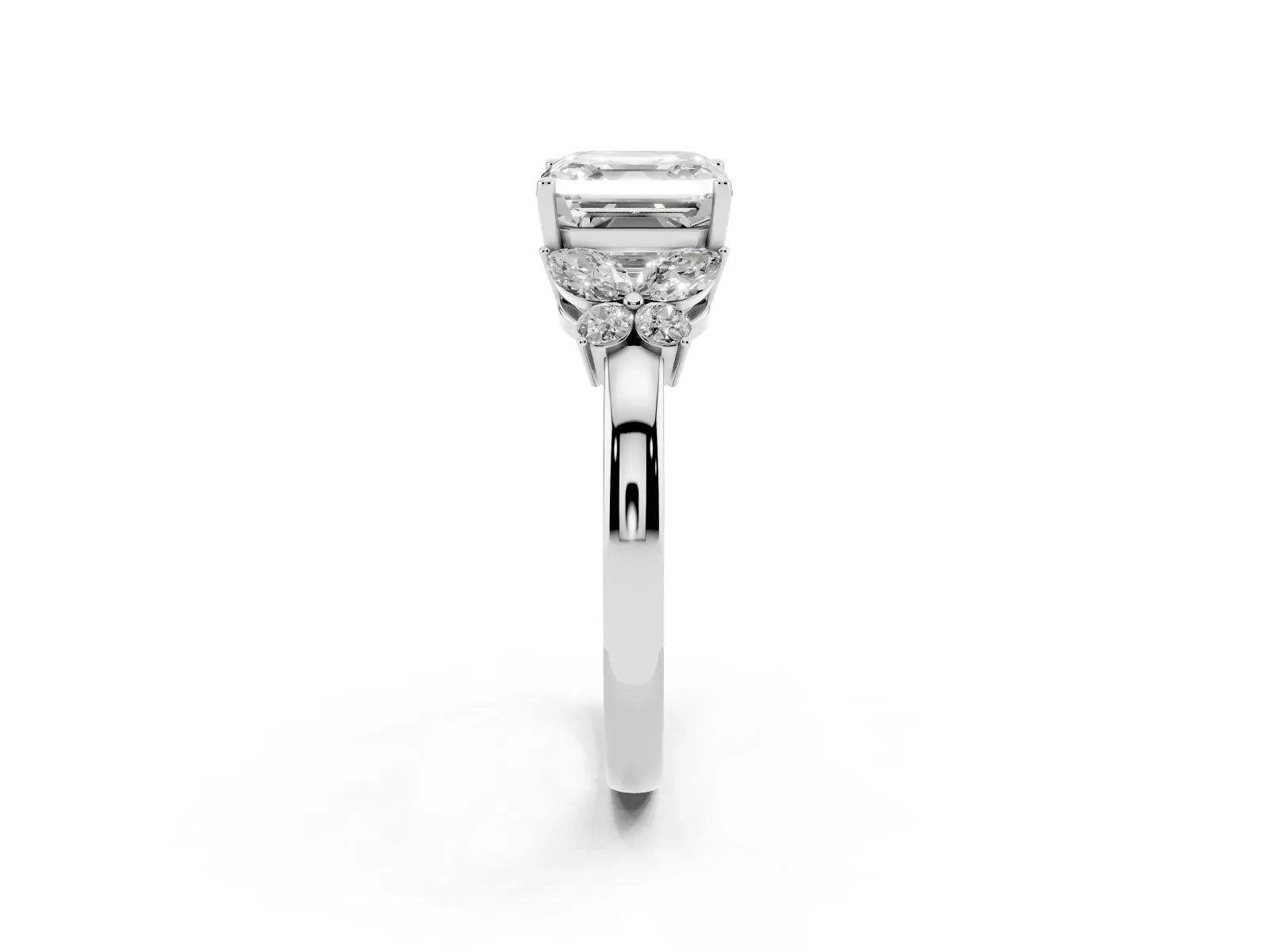Asscher Cut Cut Solitaire Floral Diamond Ring with Four-Prong Setting Platinum