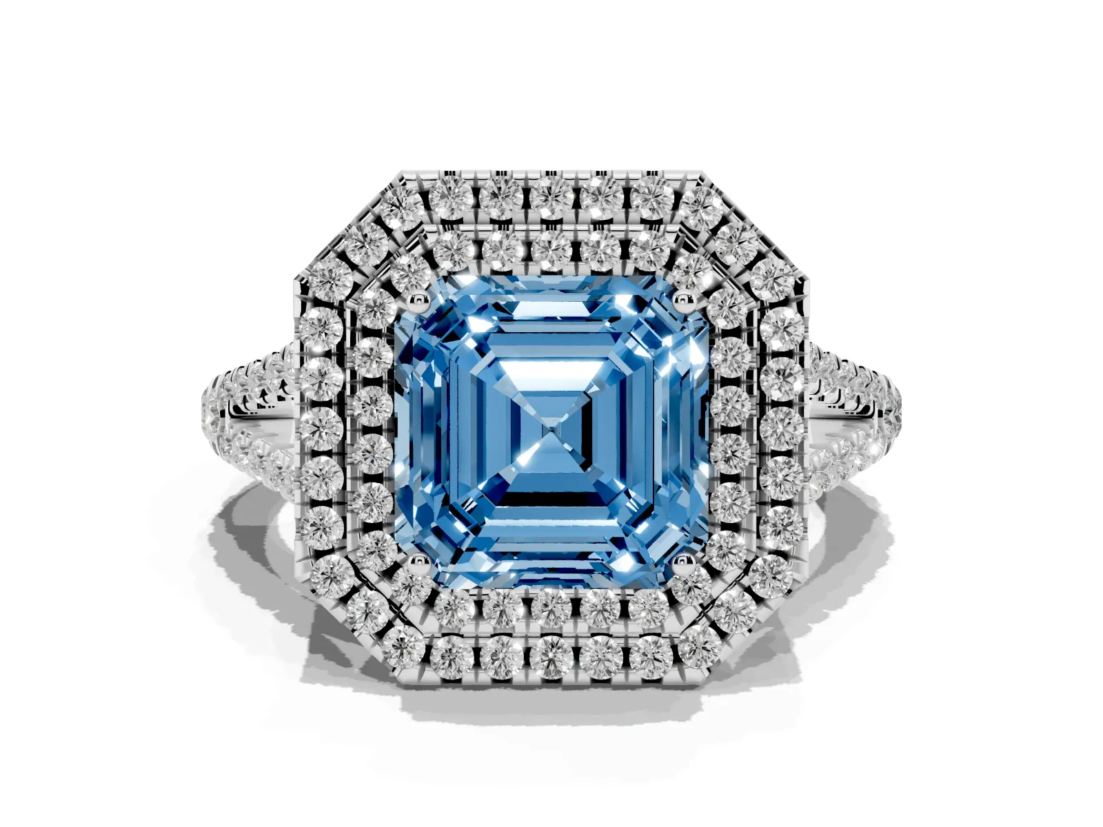 Fancy Blue Asscher Cut Diamond Double Halo Ring with Pavé Band and Prong Setting Platinum