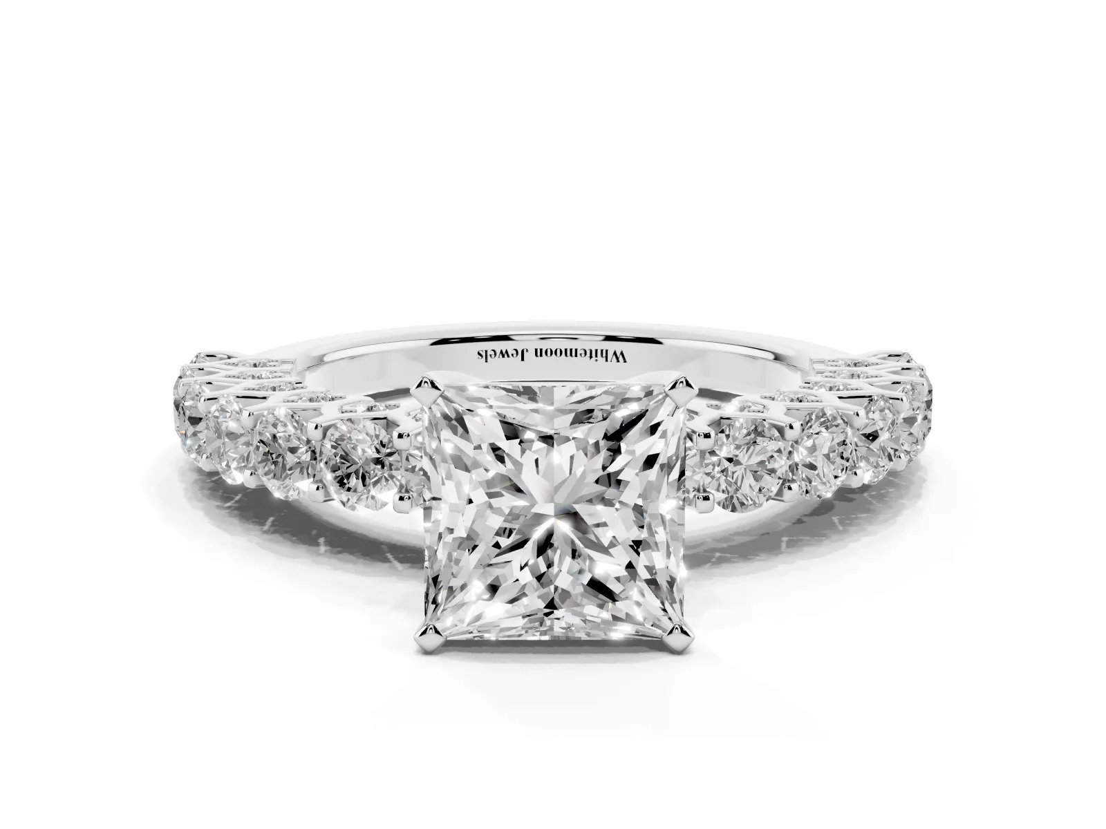 Princess Cut Diamond Solitaire Ring with Shared Prong Pavé Band and Four-Prong Setting White gold