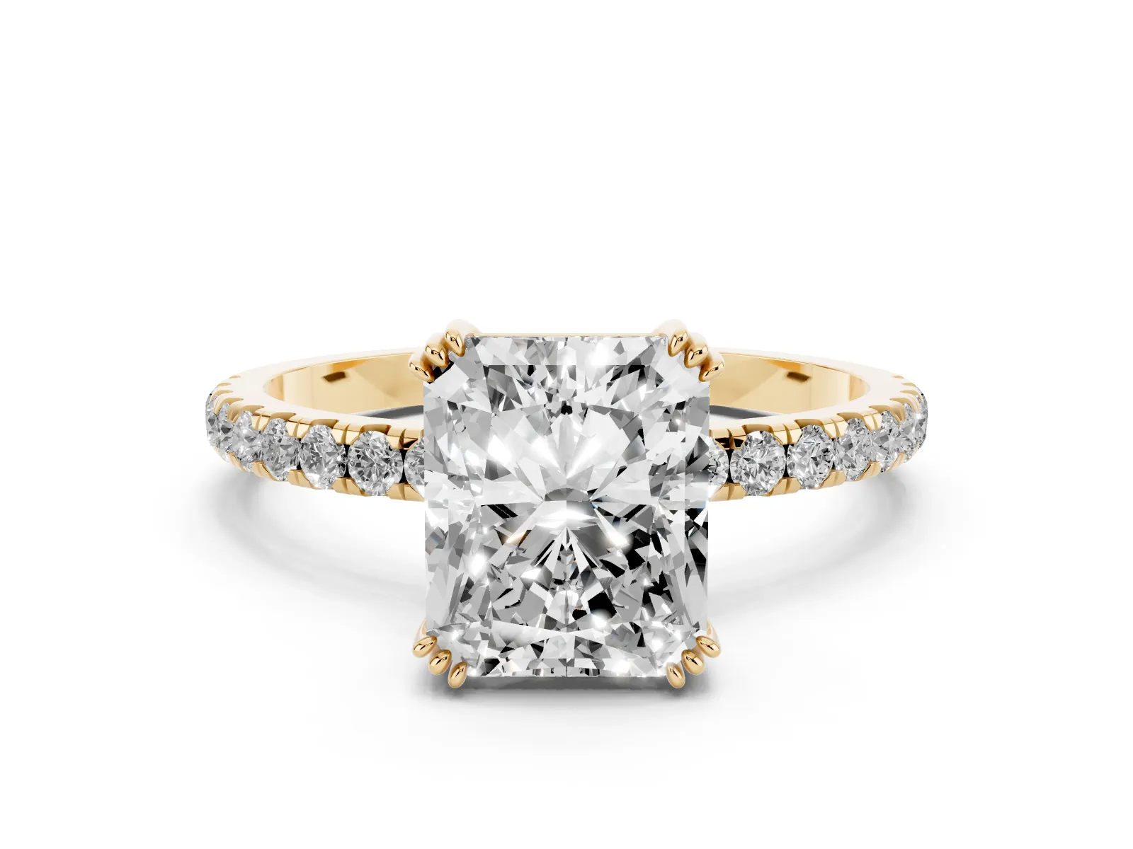 Radiant Cut Brilliant Solitaire with Pavé Band and Claw Prong Setting Yellow gold