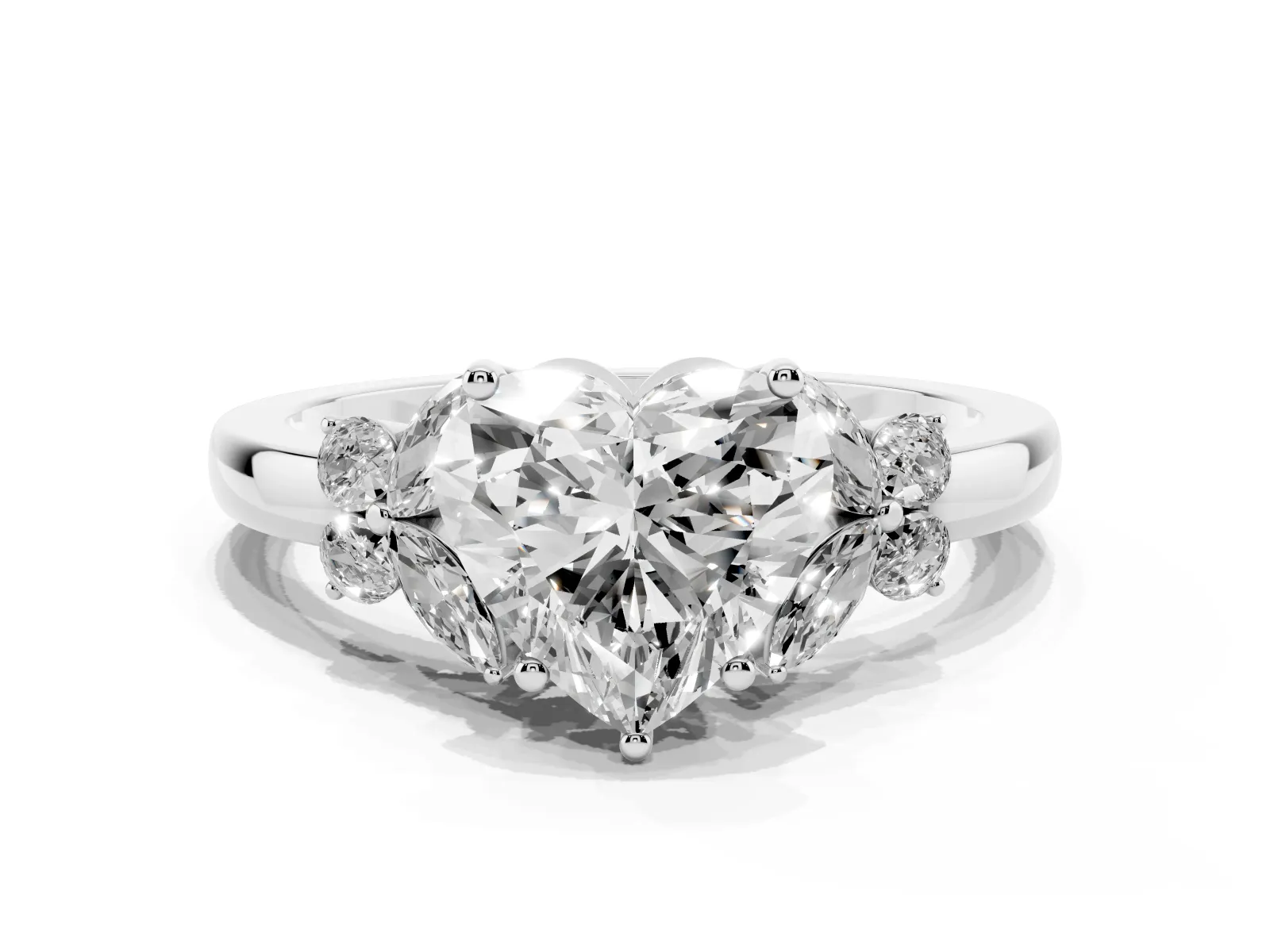 Heart Cut Cut Solitaire Floral Diamond Ring with Four-Prong Setting Platinum
