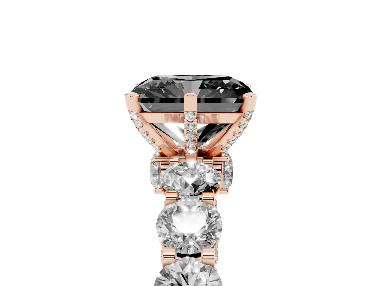 Fancy Black Radiant Cut Diamond Side Stone Engagement Ring with Four-Prong Setting Rose gold