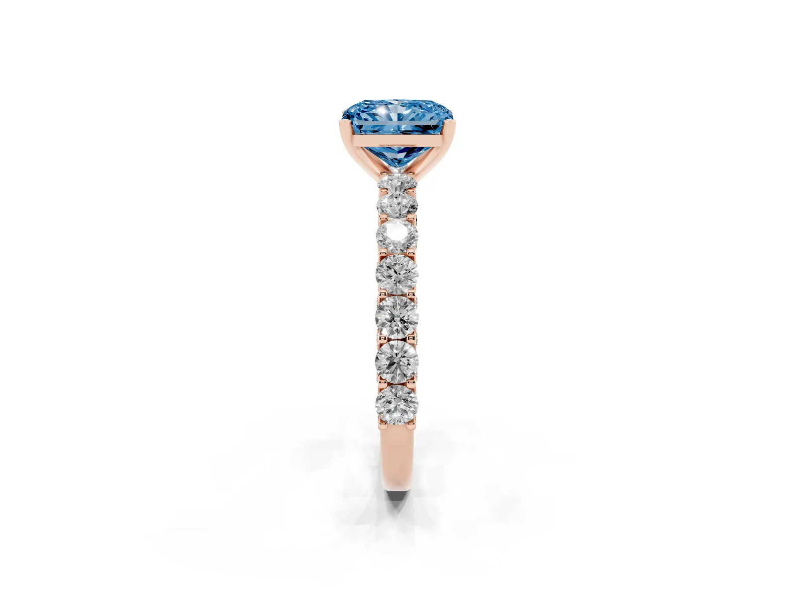 Fancy Blue Radiant Cut Diamond Solitaire Ring with Shared Prong Pavé Band and Four-Prong Setting Rose gold
