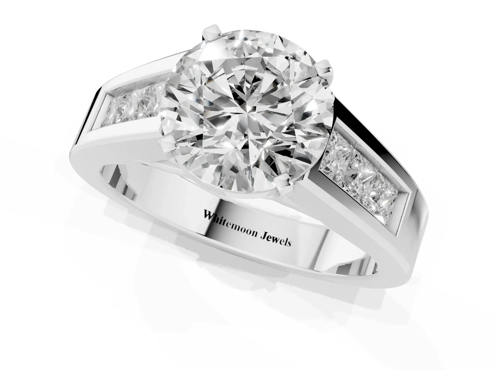 Round Cut Cut Channel Set Solitaire Ring with Four-Prong Setting Platinum