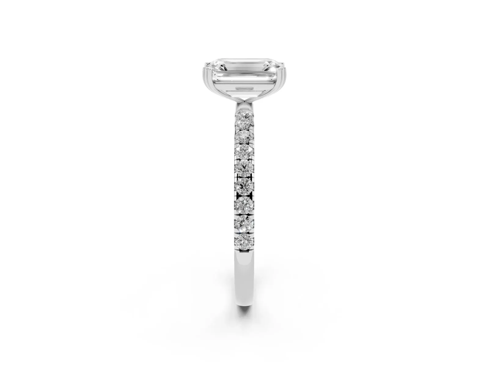 Emerald Cut Brilliant Solitaire with Pavé Band and Claw Prong Setting Silver