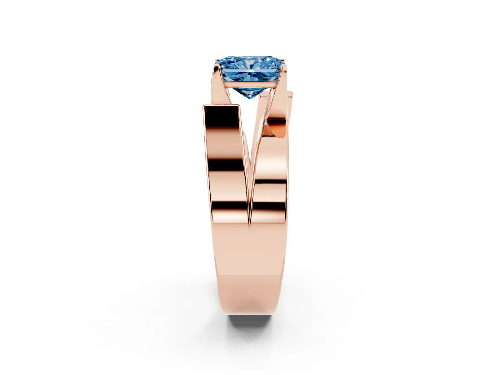 Fancy Blue Modern Tension Set Radiant Cut Diamond Solitaire Wide Band Ring Rose gold