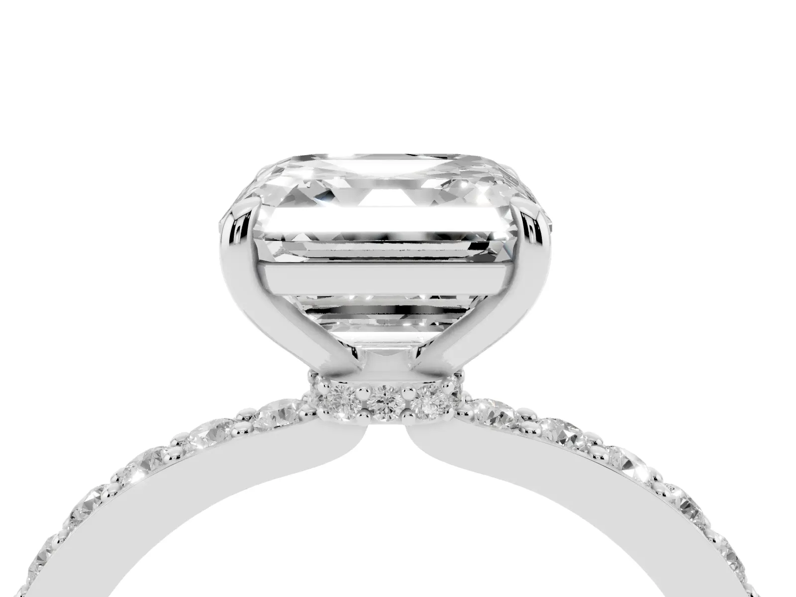 Asscher Cut Diamond Solitaire Engagement Ring with Pavé Band and Four-Prong Setting White gold