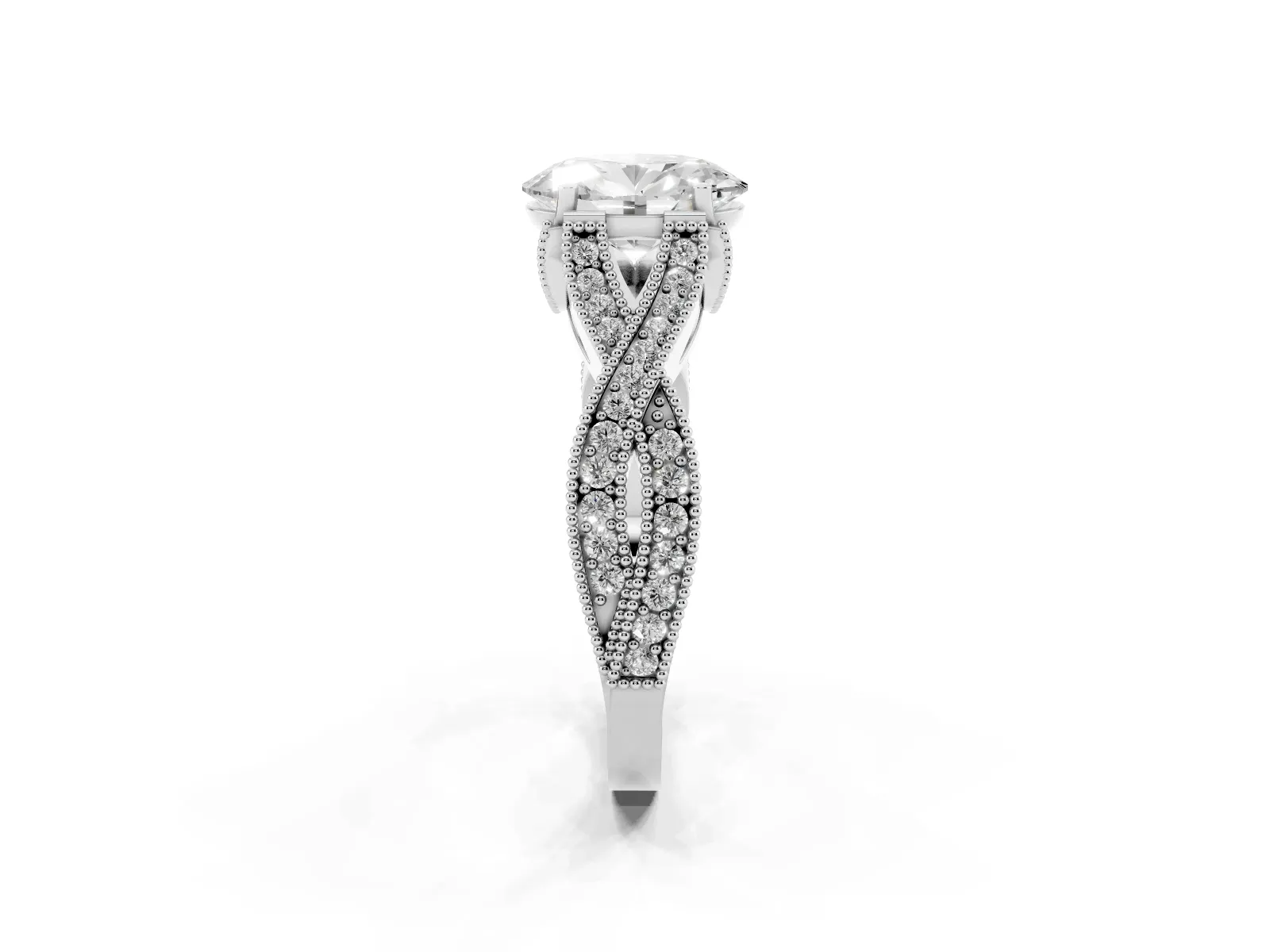 Oval Cut Cut Diamond Twisted Band with Milgrain Pave Setting and Four-Prong Setting Platinum