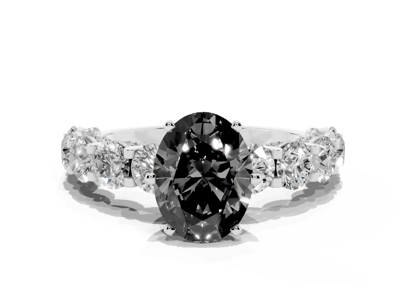 Fancy Black Oval Cut Diamond Side Stone Engagement Ring with Four-Prong Setting White gold
