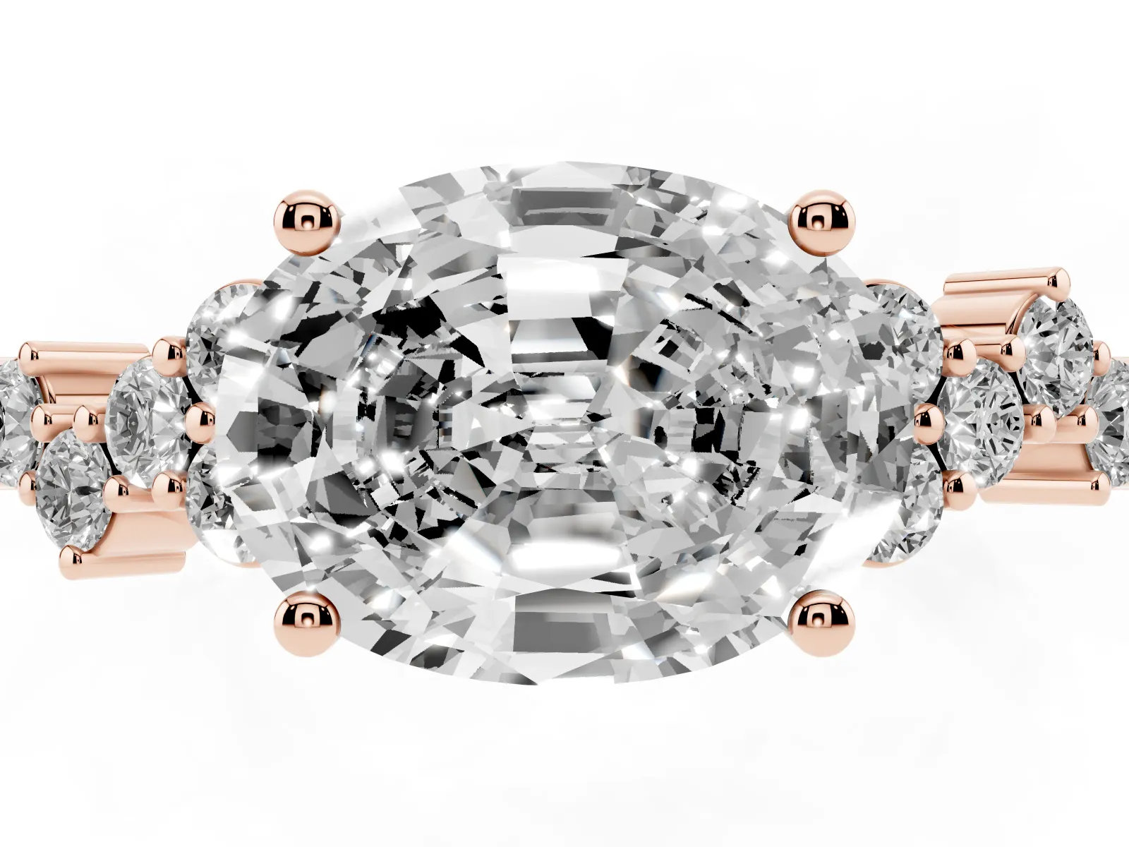 Oval Cut Diamond Scattered Round Accent Ring with Prong Setting Rose gold