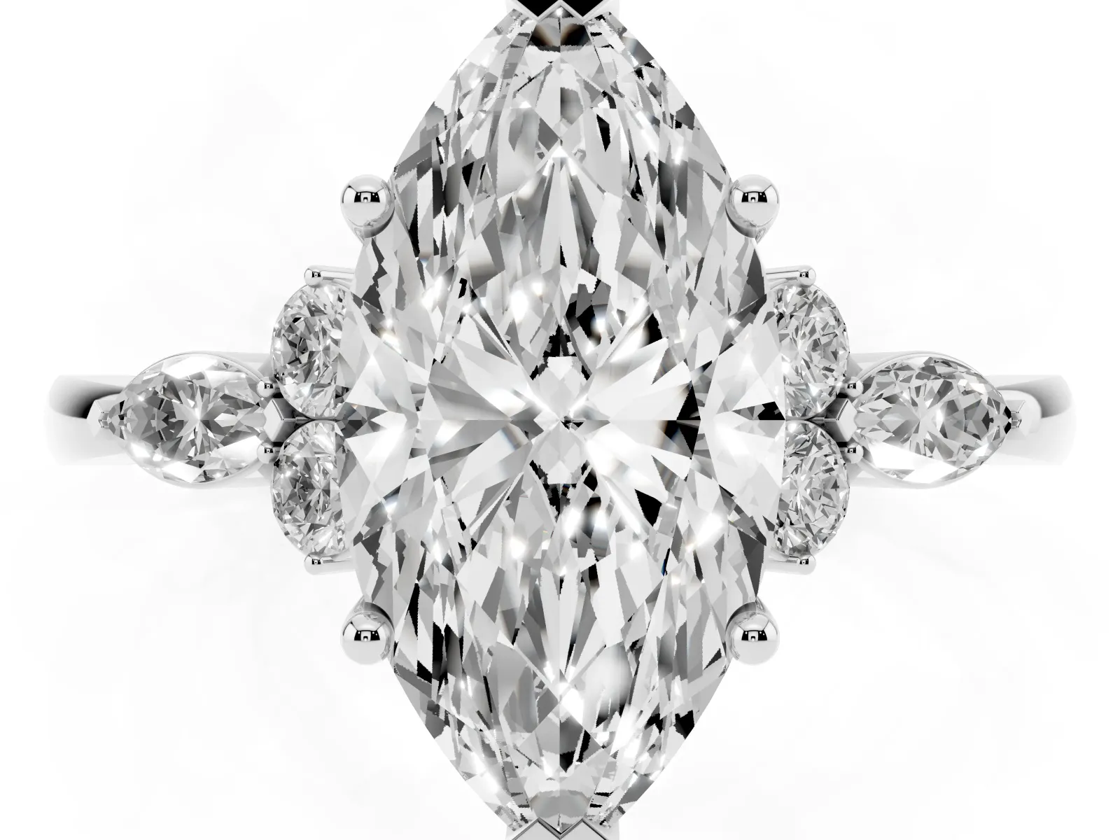 Marquise Cut Brilliant Diamond Solitaire Ring with Pear Side Stones and Four-Prong Setting Platinum