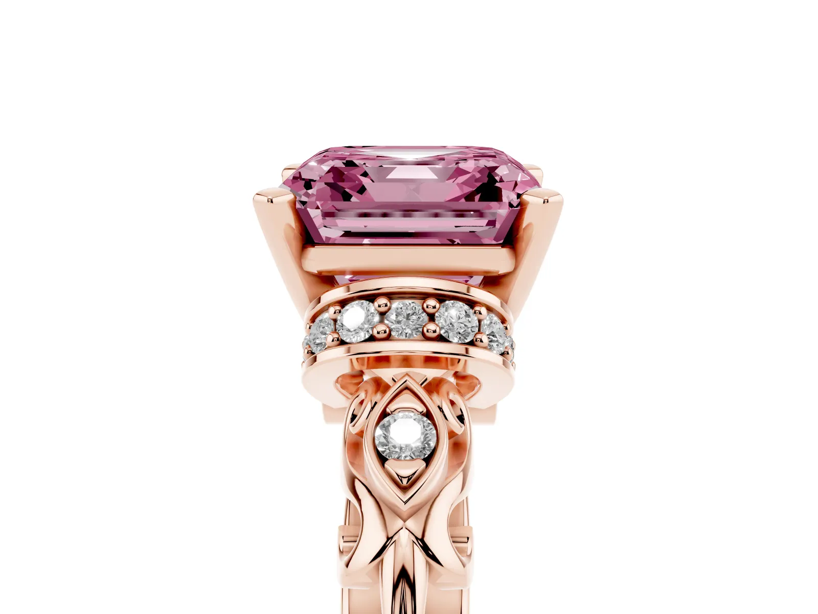 Fancy Pink Asscher Cut Diamond Solitaire Ring with Filigree Band and Four-Prong Setting Rose gold