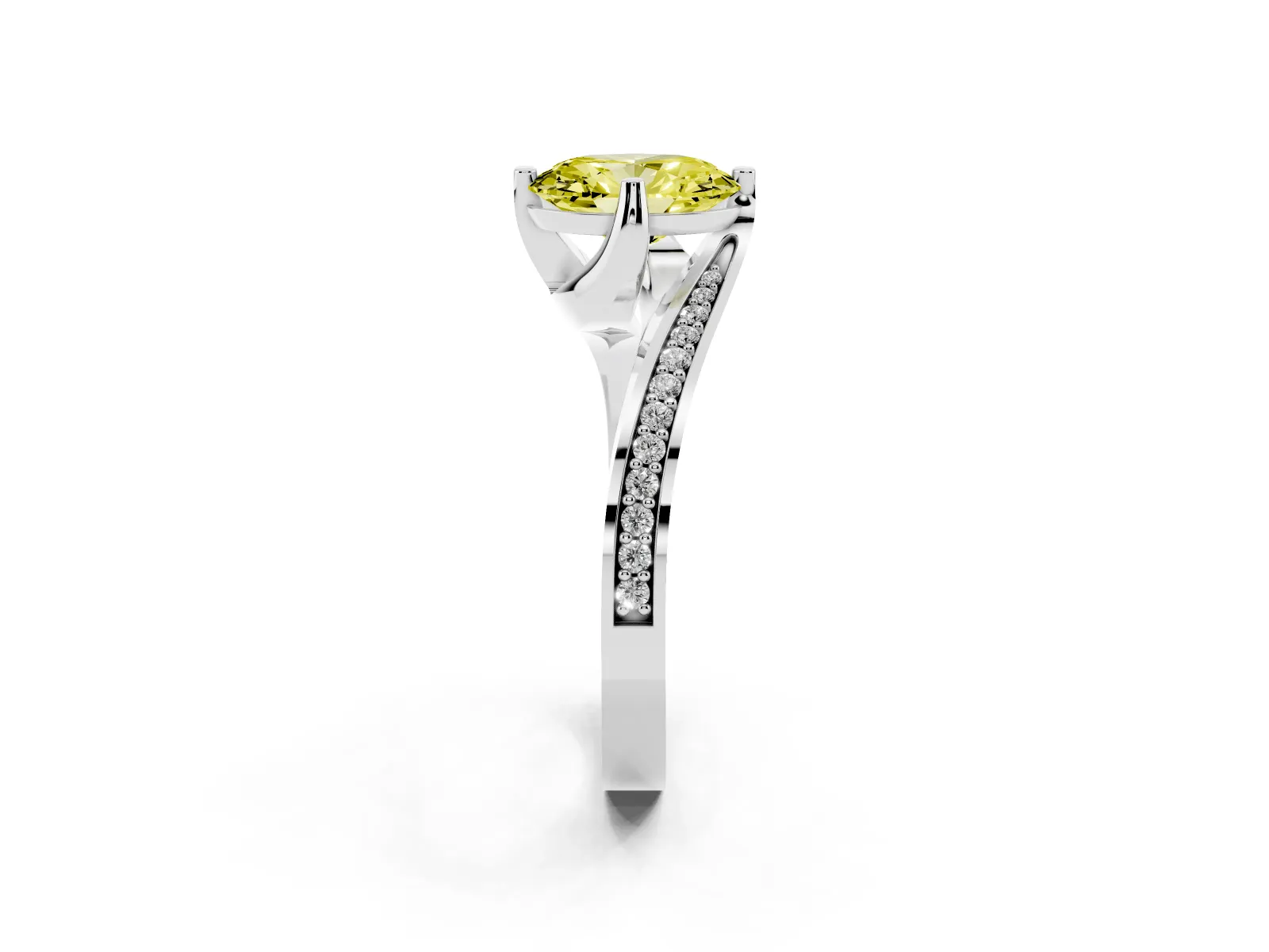 Fancy Yellow Oval Cut Solitaire Diamond Twist Band with Pavé Setting and Four-Prong Setting Platinum