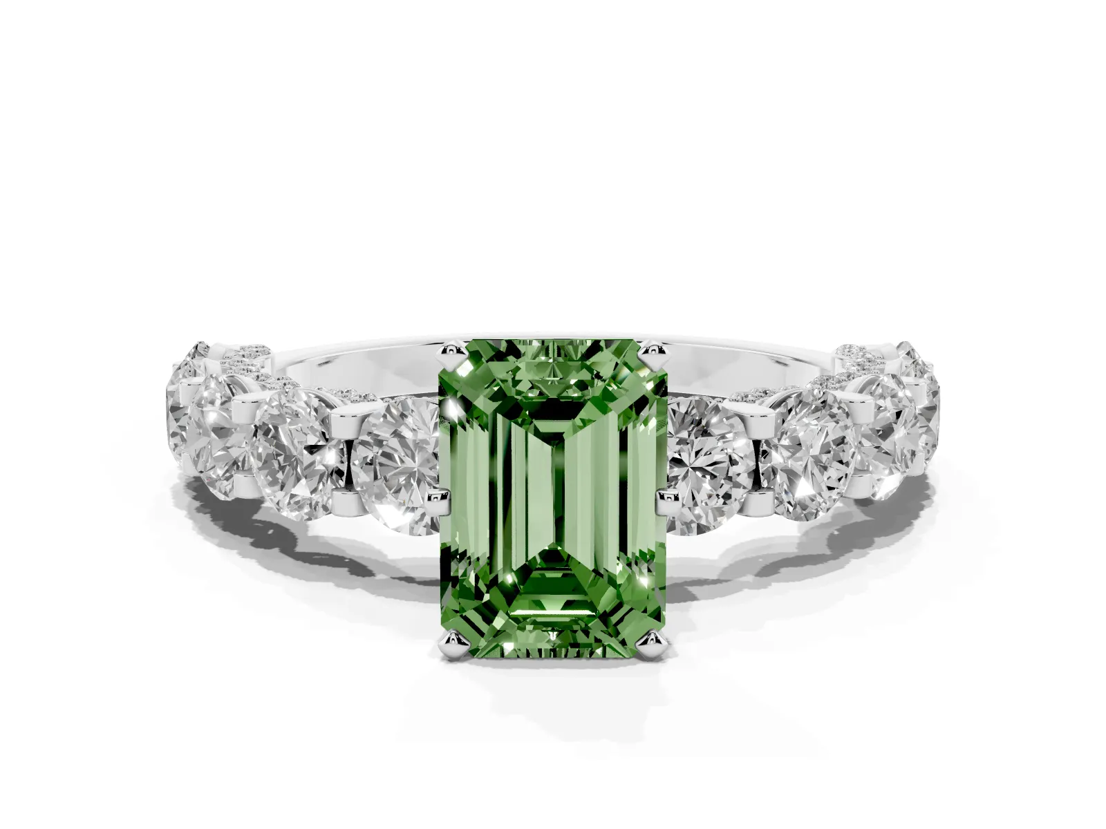 Fancy Green Emerald Cut Diamond Side Stone Engagement Ring with Four-Prong Setting White gold