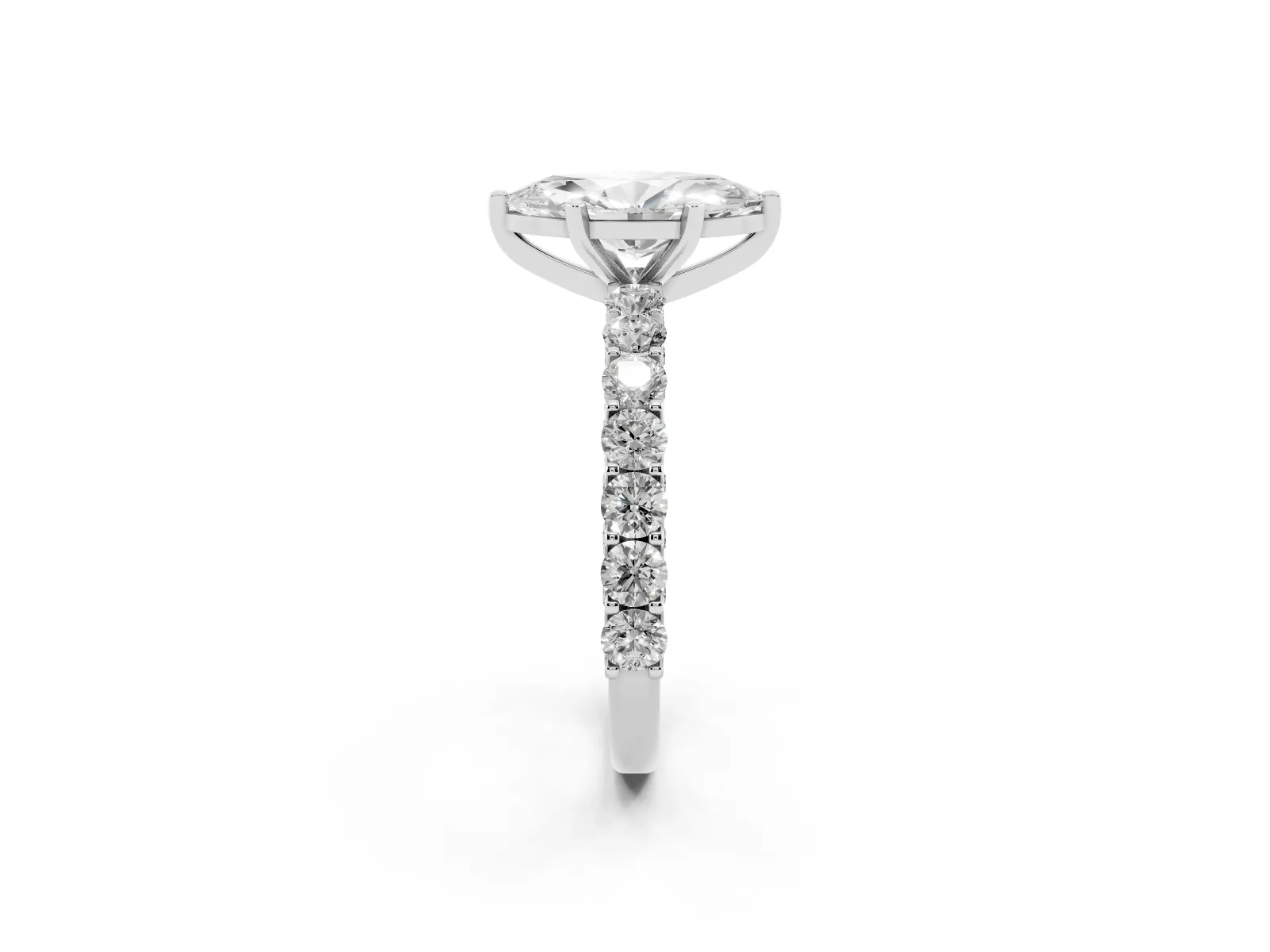 Marquise Cut Diamond Solitaire Ring with Shared Prong Pavé Band and Four-Prong Setting White gold