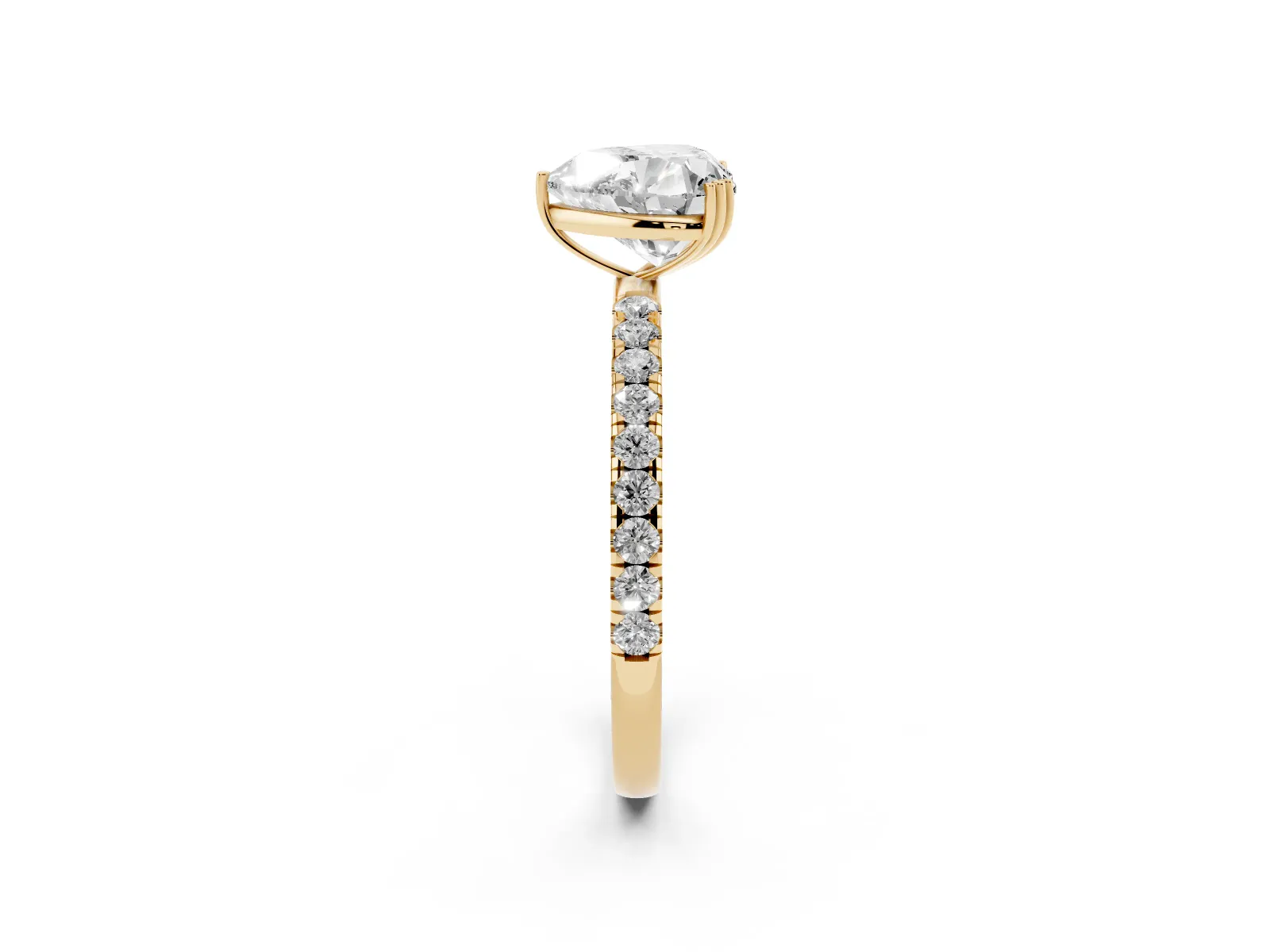 Heart Cut Brilliant Solitaire with Pavé Band and Claw Prong Setting Yellow gold