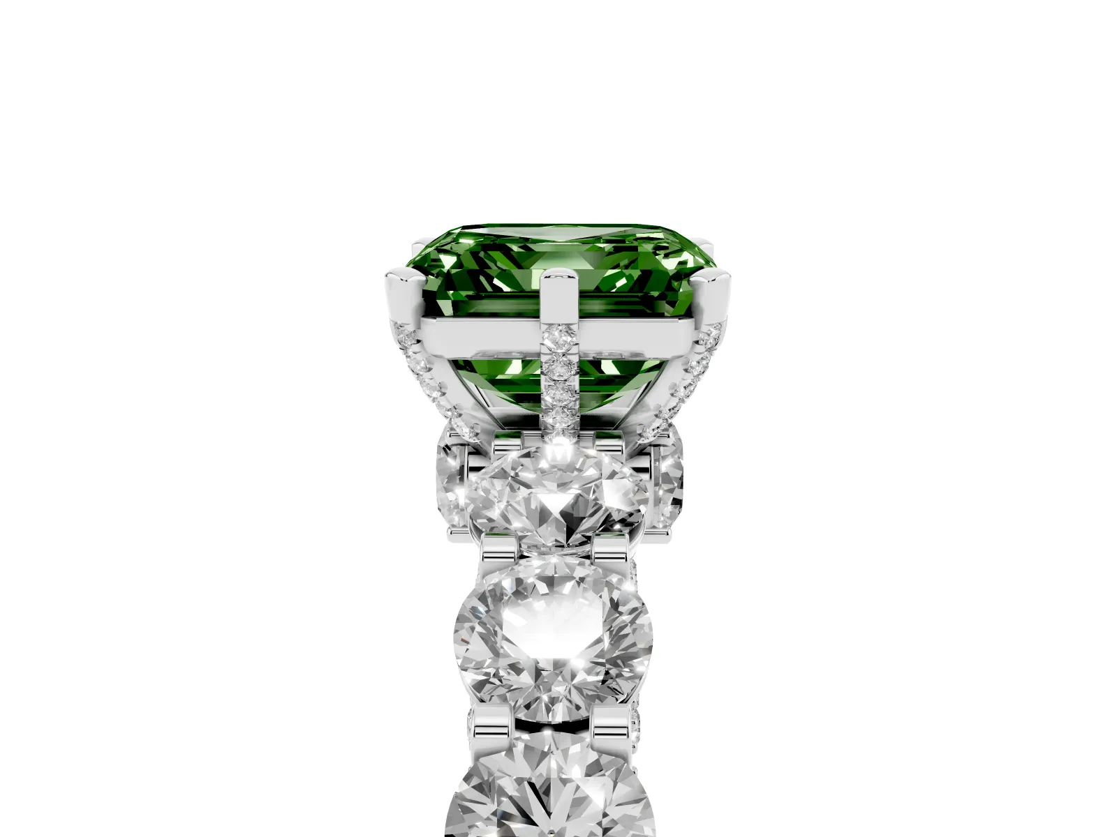 Fancy Green Asscher Cut Diamond Side Stone Engagement Ring with Four-Prong Setting Platinum