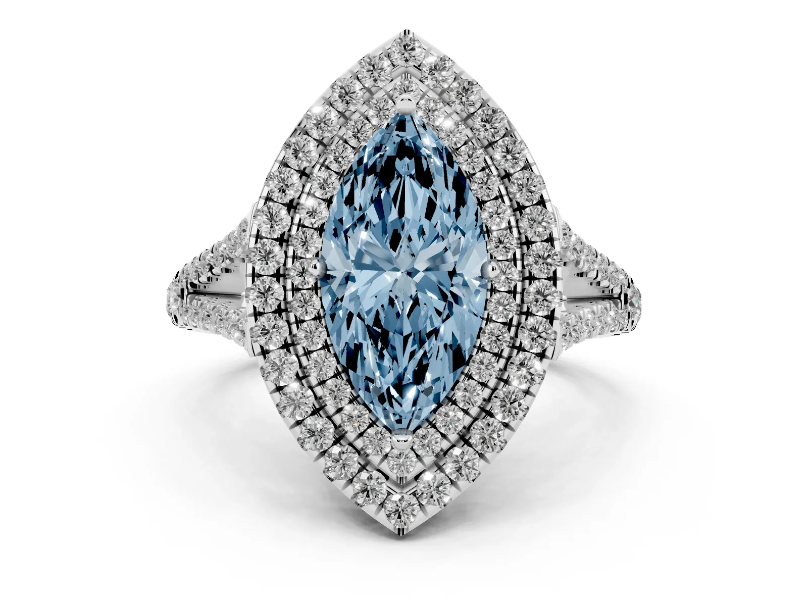 Fancy Blue Marquise Cut Diamond Double Halo Ring with Pavé Band and Prong Setting Platinum