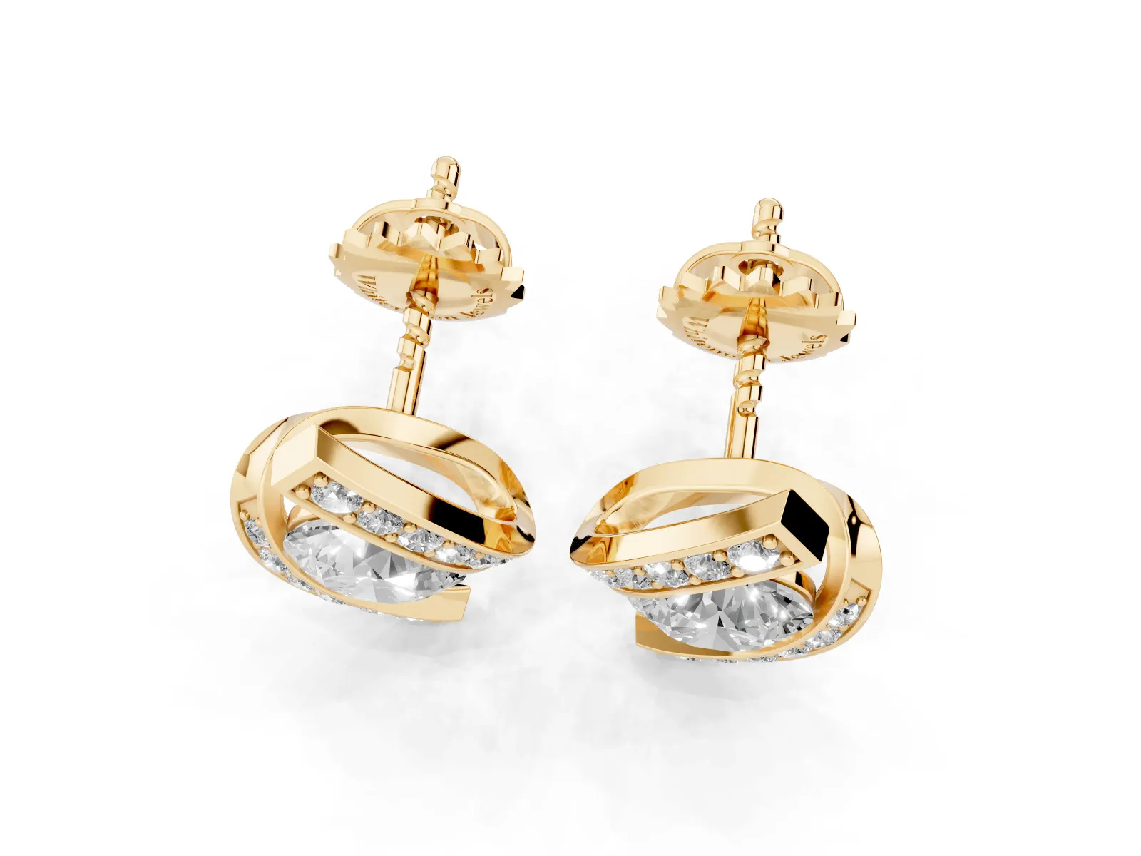 Round Diamond Curve Wave Stud Earrings Yellow gold