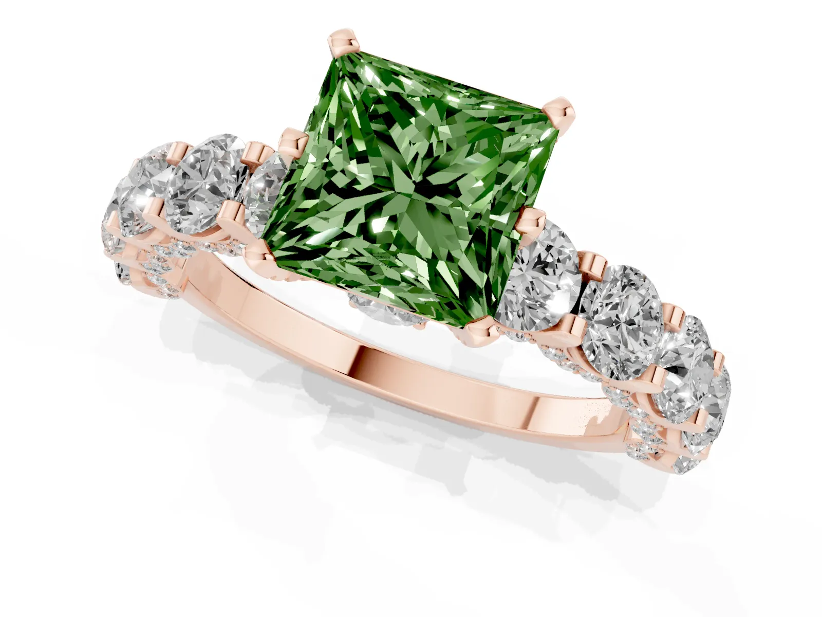 Fancy Green Princess Cut Diamond Side Stone Engagement Ring with Four-Prong Setting Rose gold