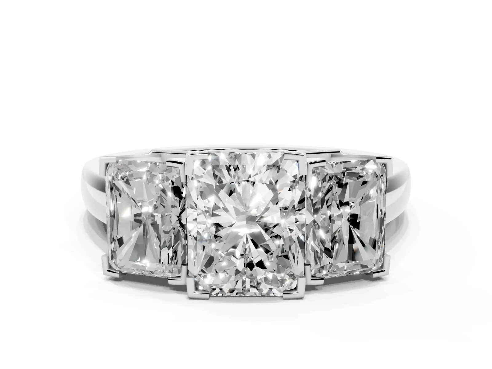 Three-Stone Radiant Cut Cut Diamond Ring with Channel Set Band and Four-Prong Setting Platinum
