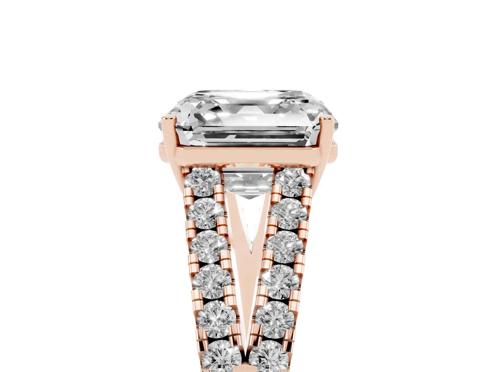 Asscher Cut Diamond Split Shank Engagement Ring with Round Pavé and Prong Setting Rose gold