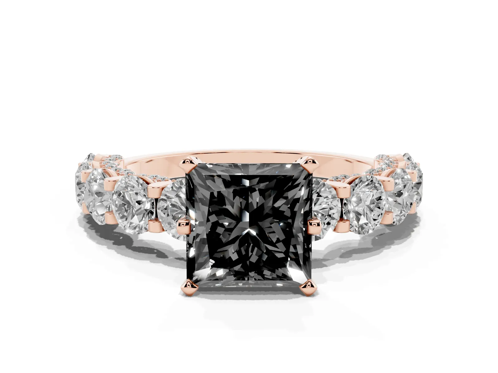 Fancy Black Princess Cut Diamond Side Stone Engagement Ring with Four-Prong Setting Rose gold
