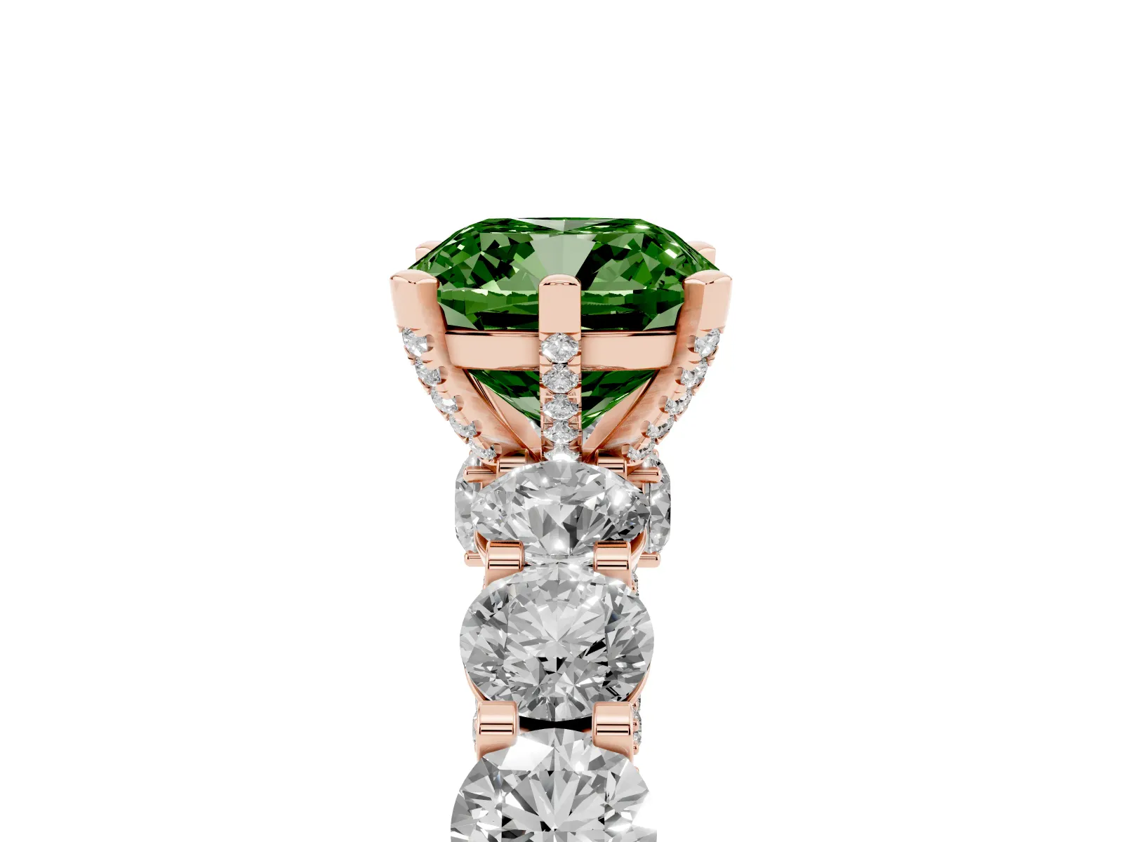 Fancy Green Cushion Cut Diamond Side Stone Engagement Ring with Four-Prong Setting Rose gold