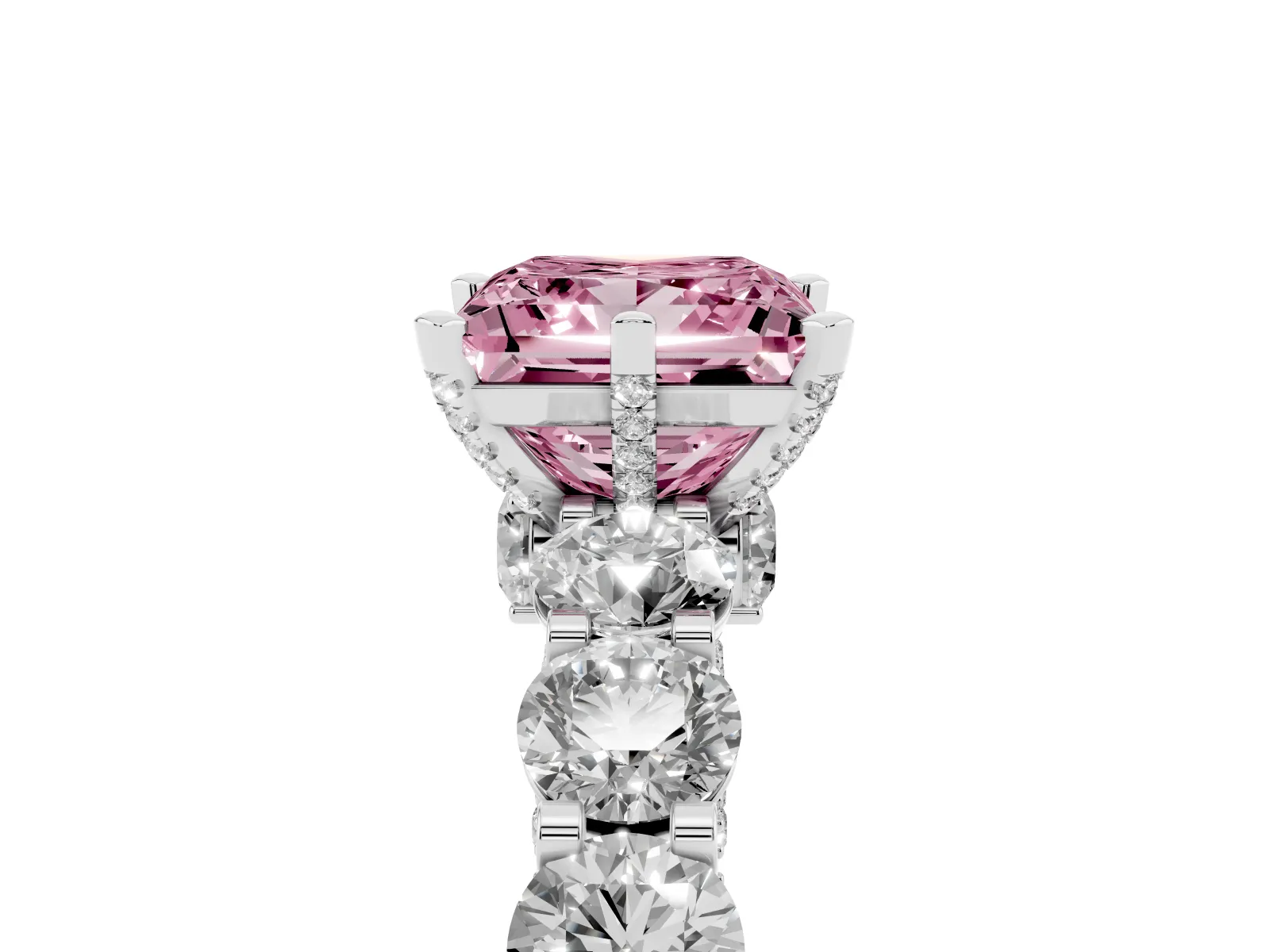 Fancy Pink Princess Cut Diamond Side Stone Engagement Ring with Four-Prong Setting Platinum