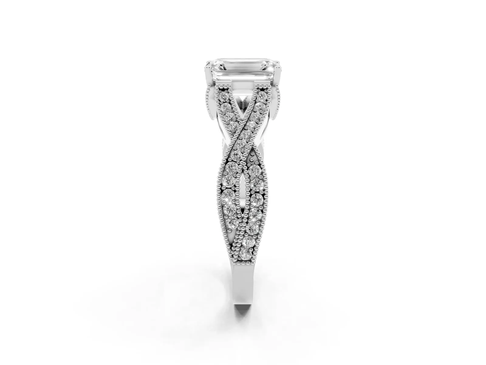 Emerald Cut Cut Diamond Twisted Band with Milgrain Pave Setting and Four-Prong Setting Platinum