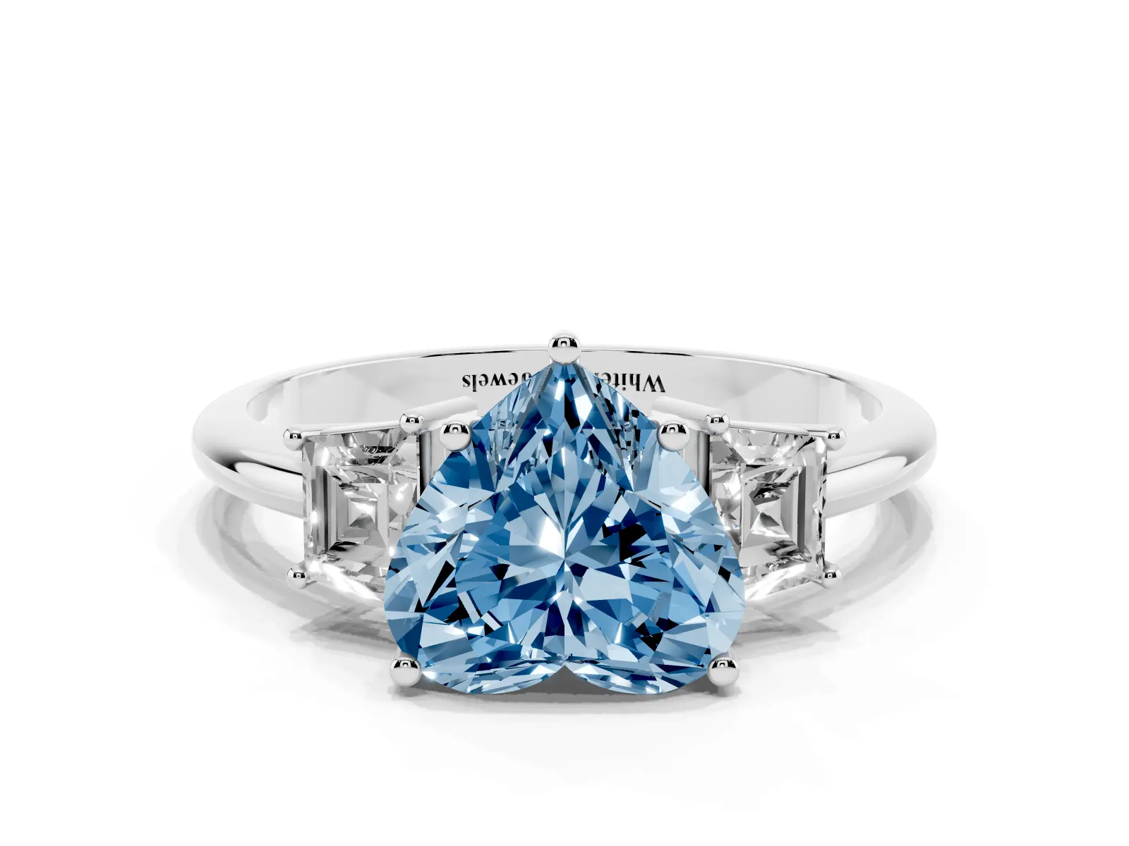 Fancy Blue Heart Cut Diamond Three-Stone Ring with Trapezoid Side Stones and Prong Setting White gold