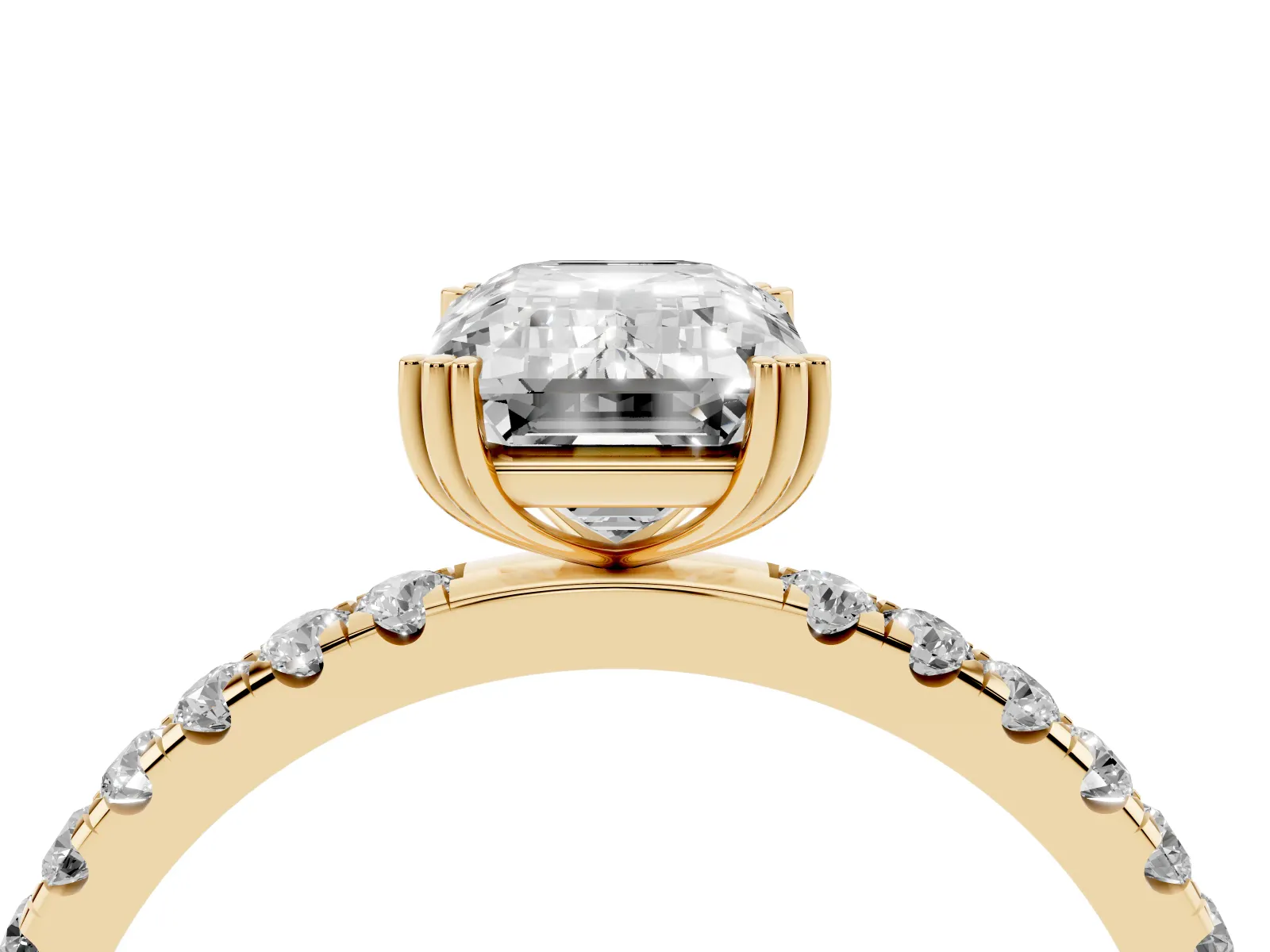 Emerald Cut Brilliant Solitaire with Pavé Band and Claw Prong Setting Yellow gold