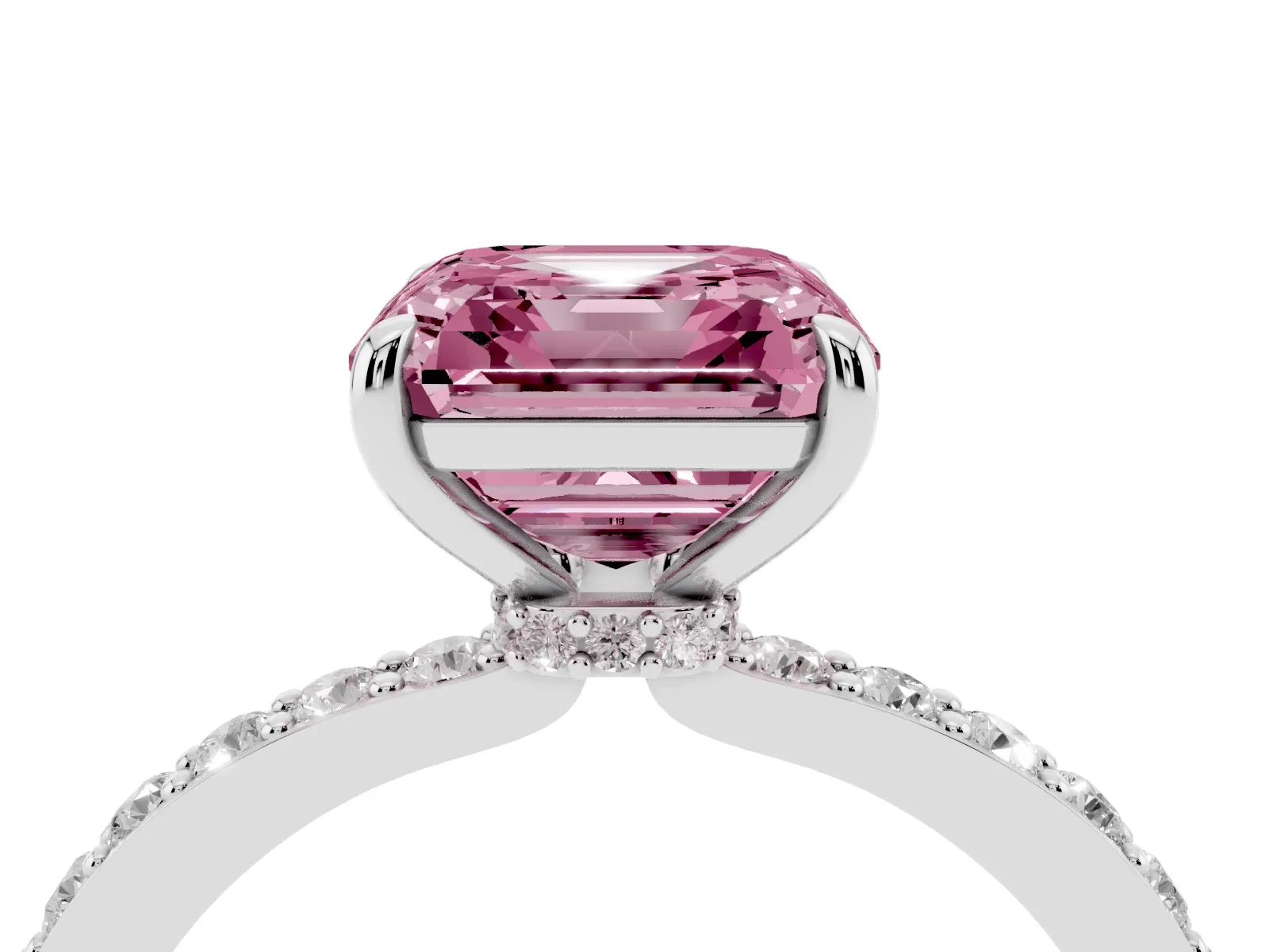 Fancy Pink Asscher Cut Diamond Solitaire Engagement Ring with Pavé Band and Four-Prong Setting White gold