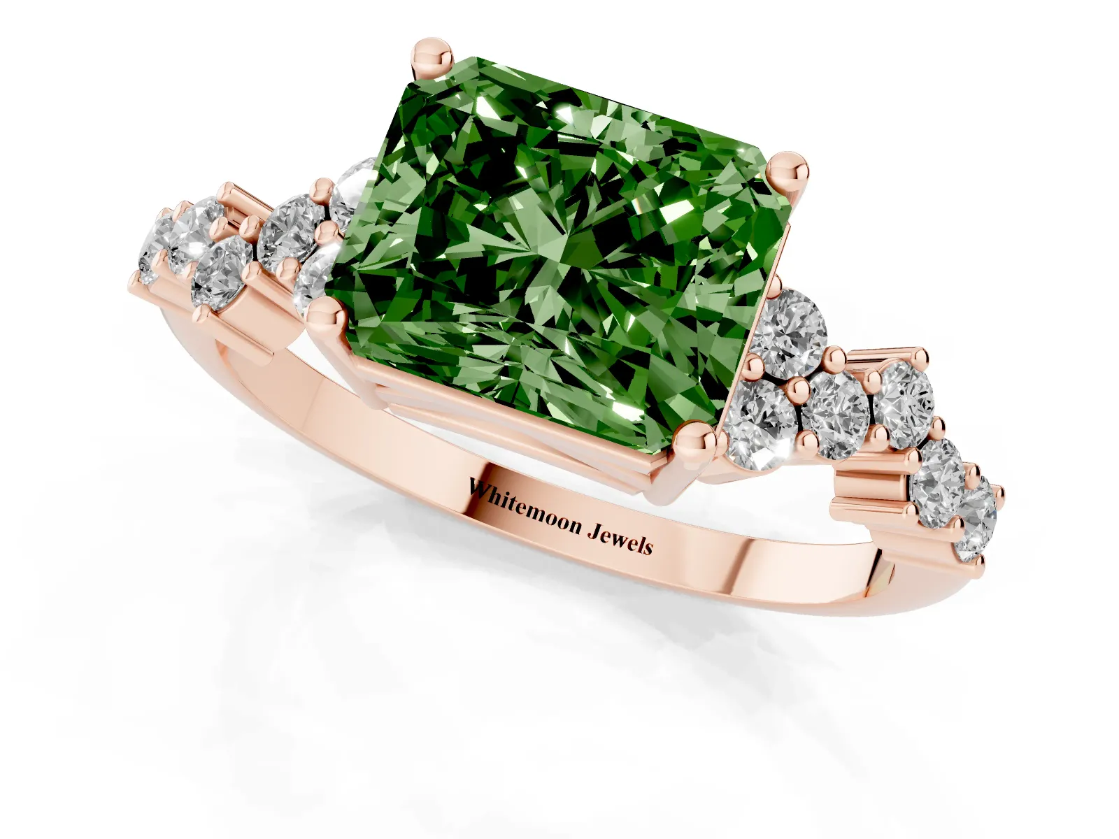 Fancy Green Radiant Cut Diamond Scattered Round Accent Ring with Prong Setting Rose gold
