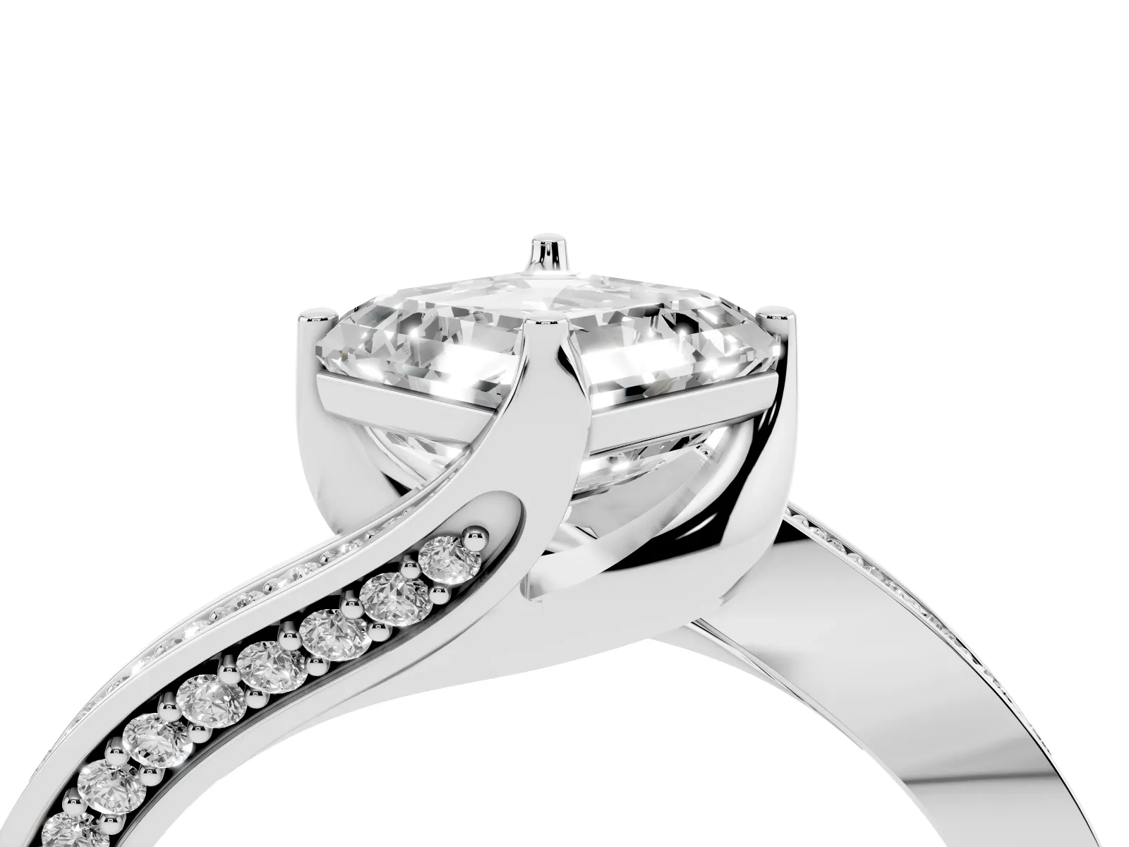 Asscher Cut Solitaire Diamond Twist Band with Pavé Setting and Four-Prong Setting Platinum