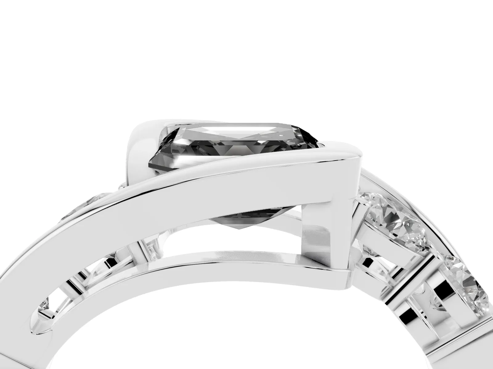 Fancy Black Bezel Set Asscher Cut Diamond Bypass Ring with Round Accents Platinum