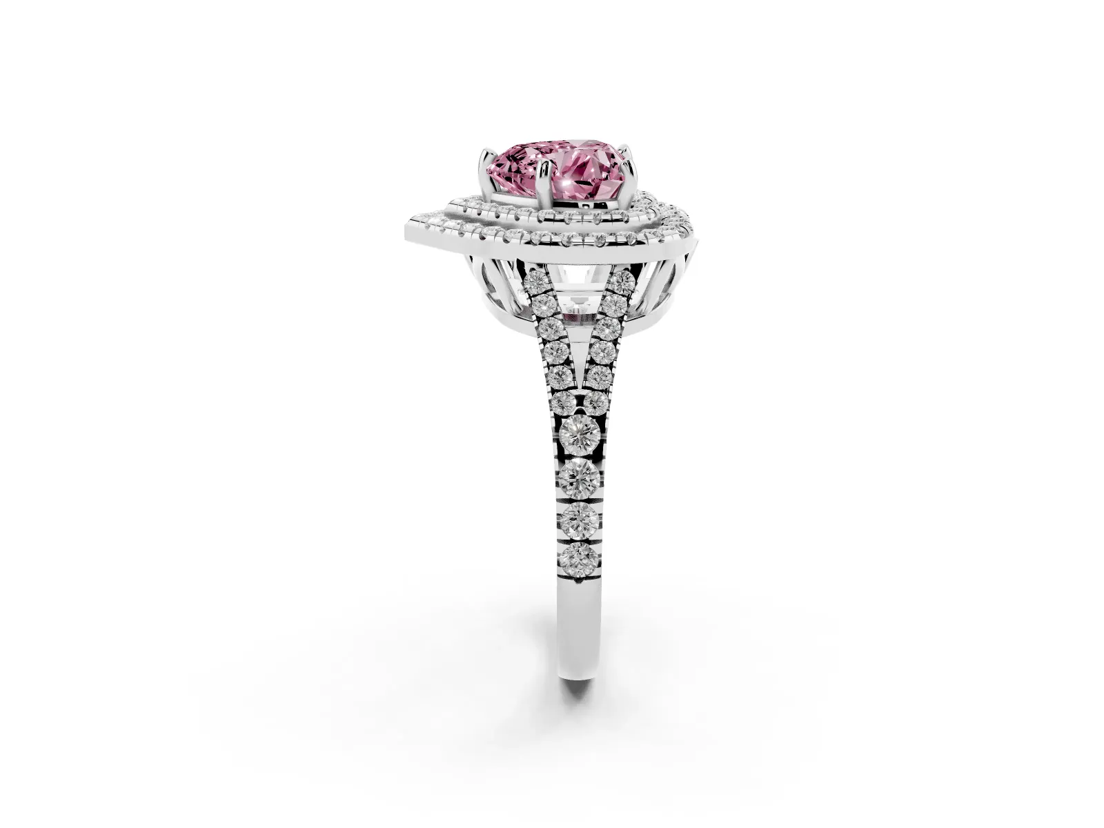 Fancy Pink Heart Cut Diamond Double Halo Ring with Pavé Band and Prong Setting Platinum