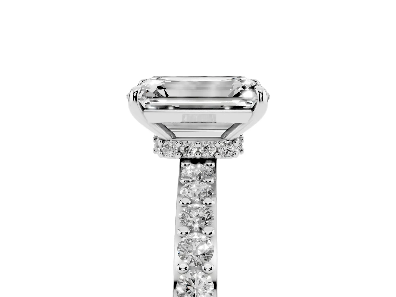 Emerald Cut Diamond Solitaire Engagement Ring with Pavé Band and Four-Prong Setting White gold