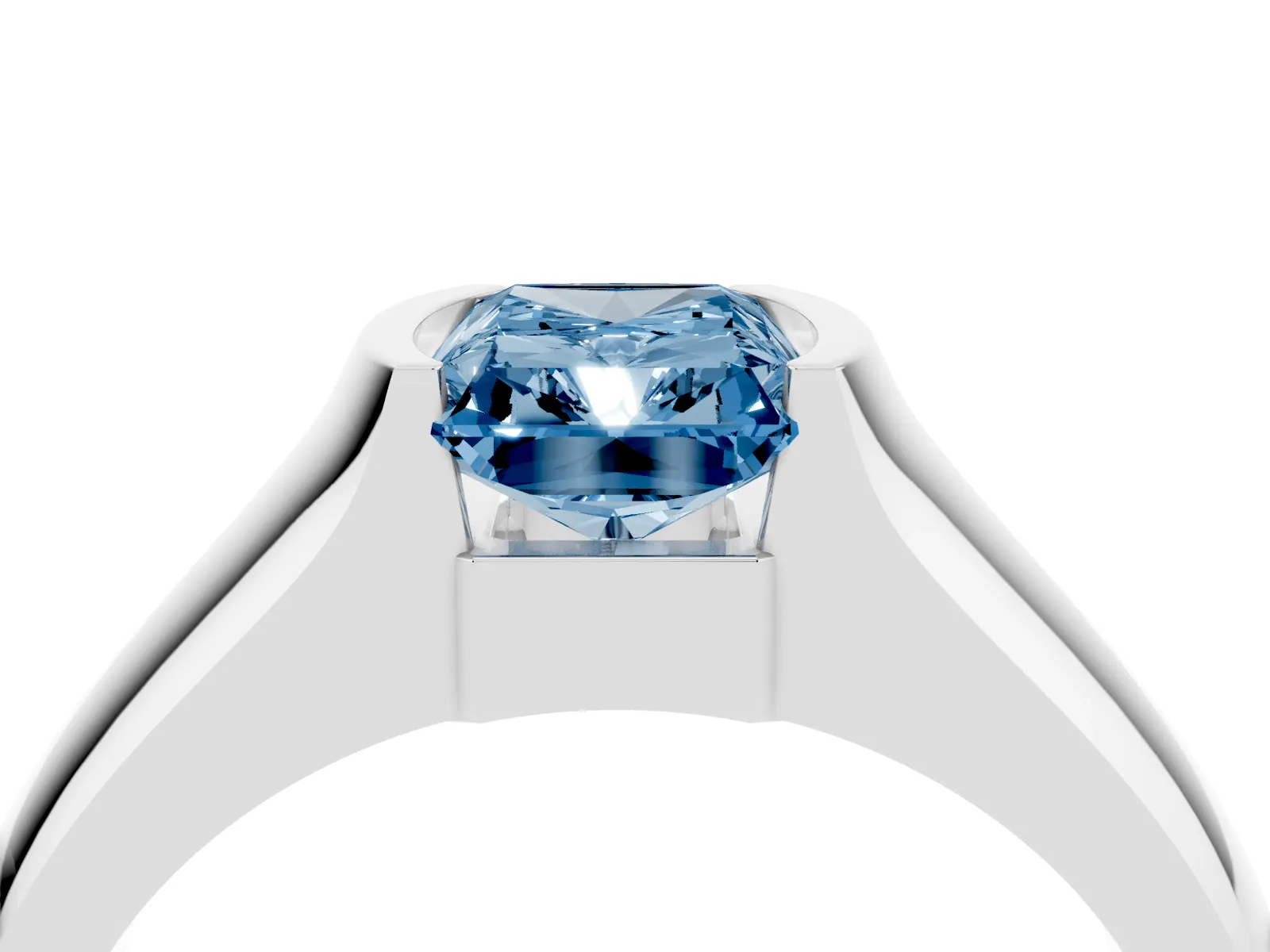 Fancy Blue Radiant Cut Solitaire Bezel Set Diamond Ring with Wide Band White gold