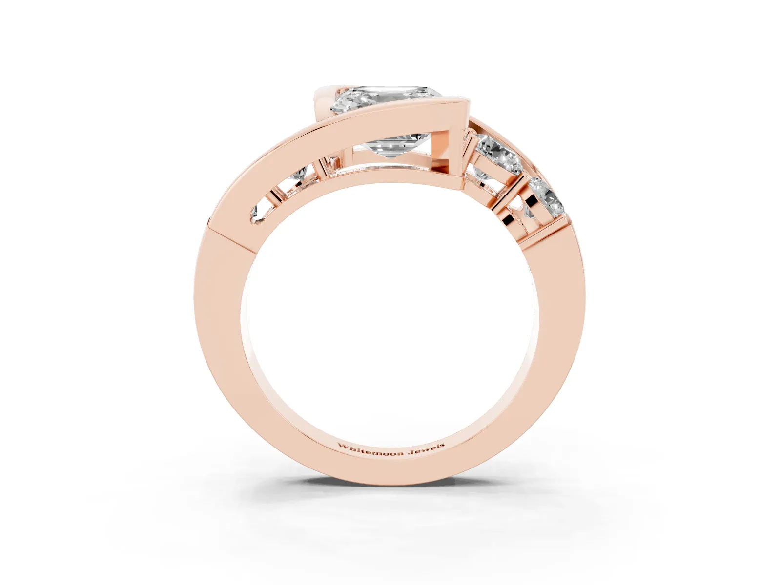 Bezel Set Asscher Cut Diamond Bypass Ring with Round Accents Rose gold