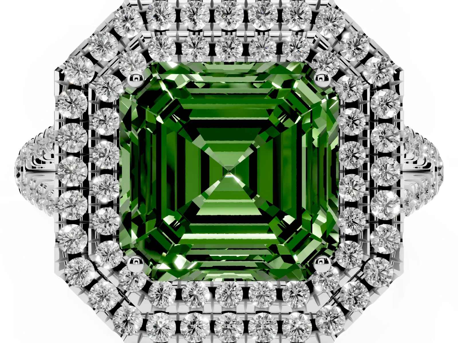 Fancy Green Asscher Cut Diamond Double Halo Ring with Pavé Band and Prong Setting Platinum