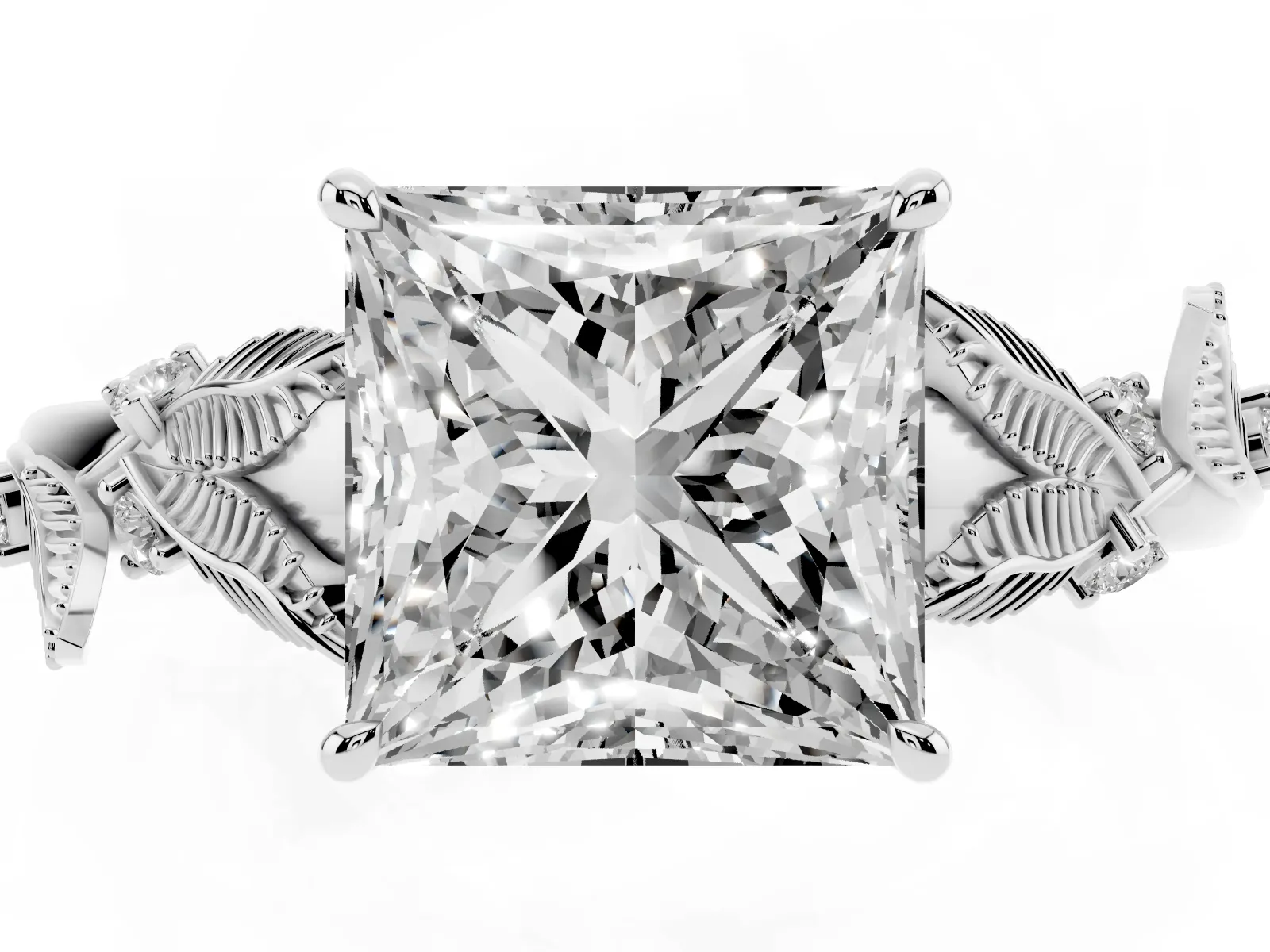 Princess Cut Diamond Solitaire Ring with Leaf Motif Band and Four-Prong Setting Platinum