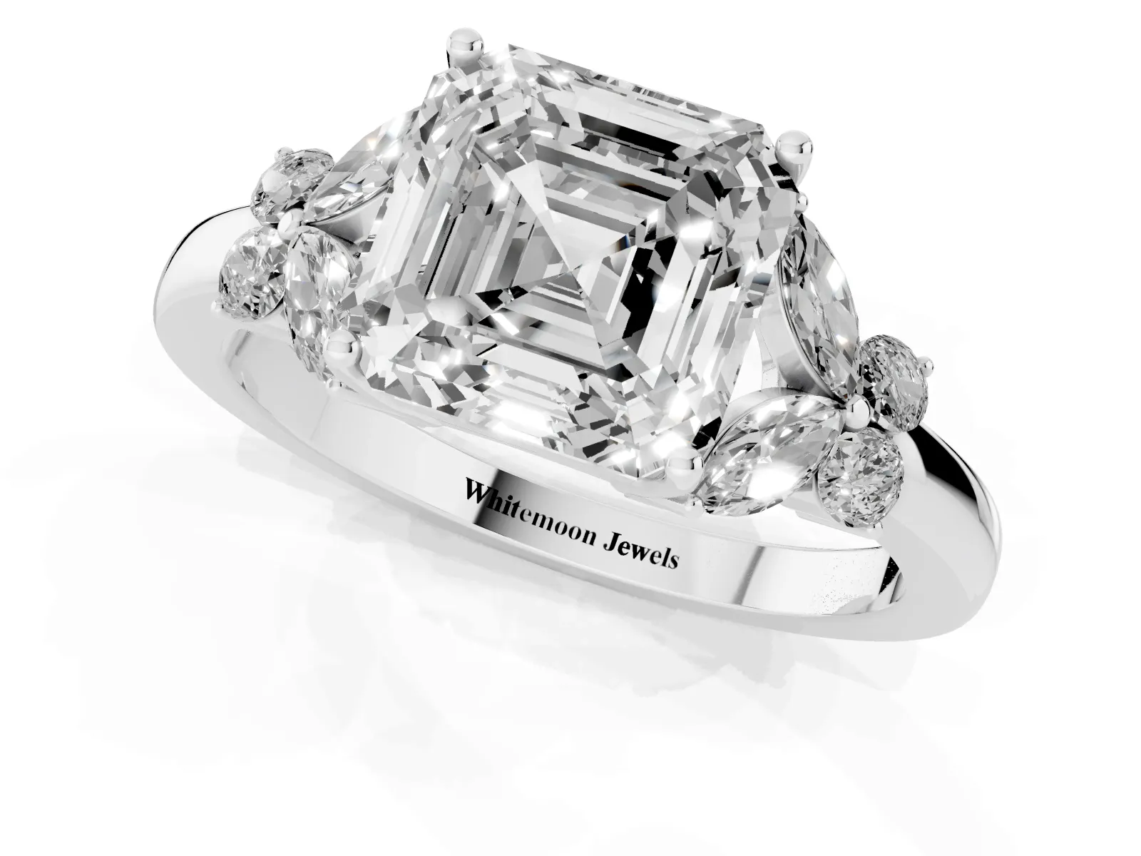 Asscher Cut Cut Solitaire Floral Diamond Ring with Four-Prong Setting Platinum