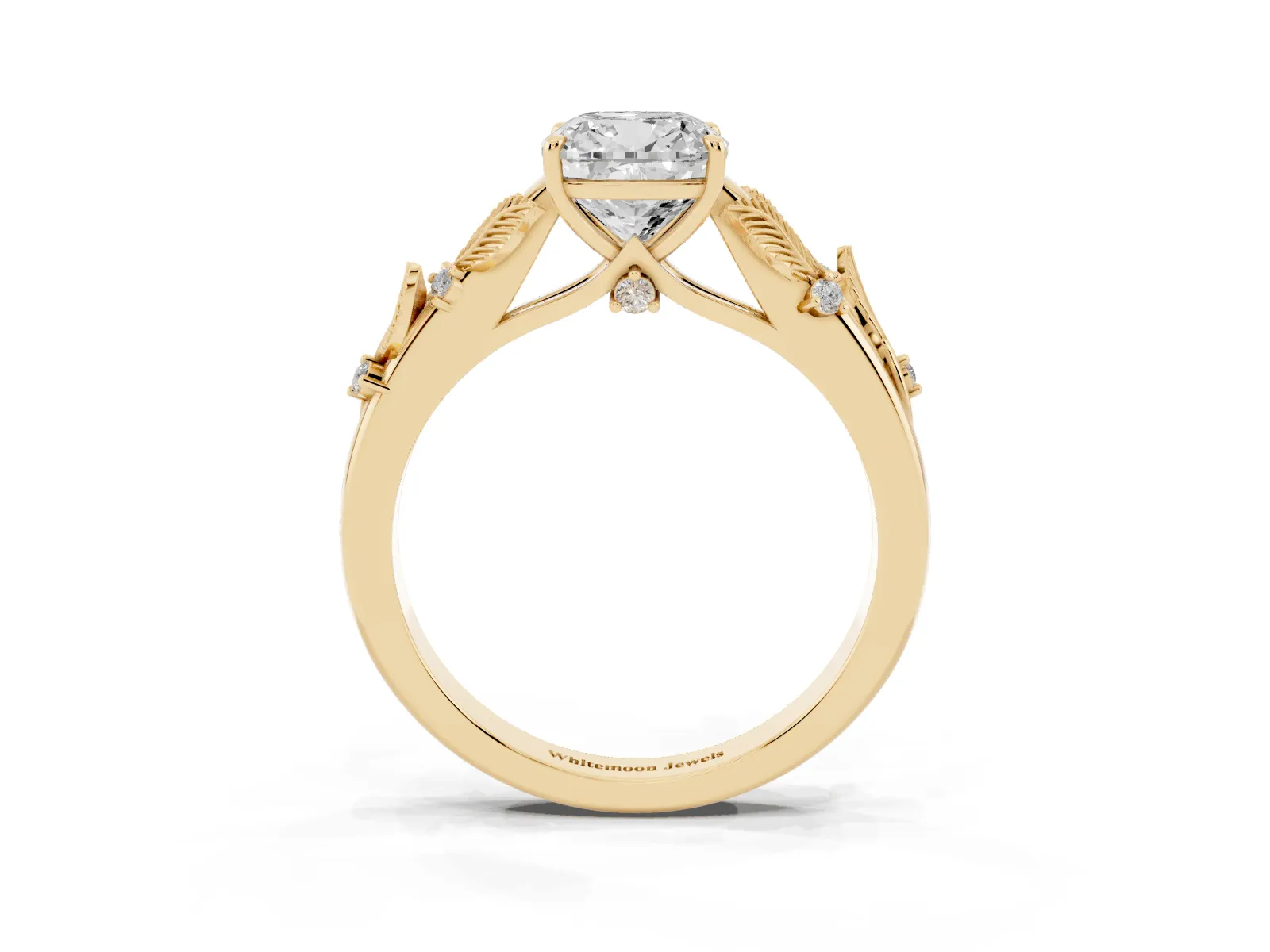 Cushion Cut Diamond Solitaire Ring with Leaf Motif Band and Four-Prong Setting Yellow gold