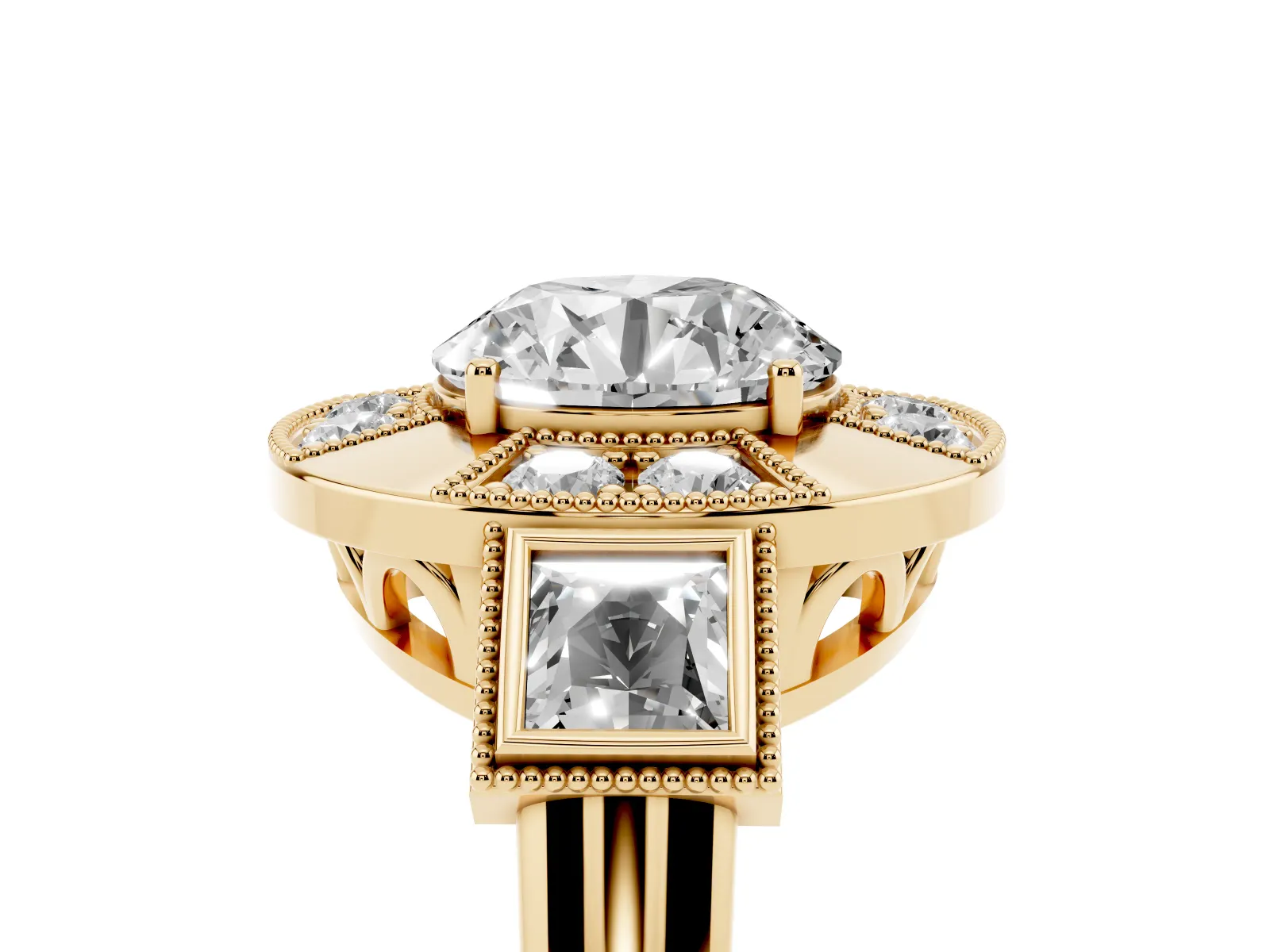 Milgrain Round Cut Diamond Halo Split Shank Ring Yellow gold
