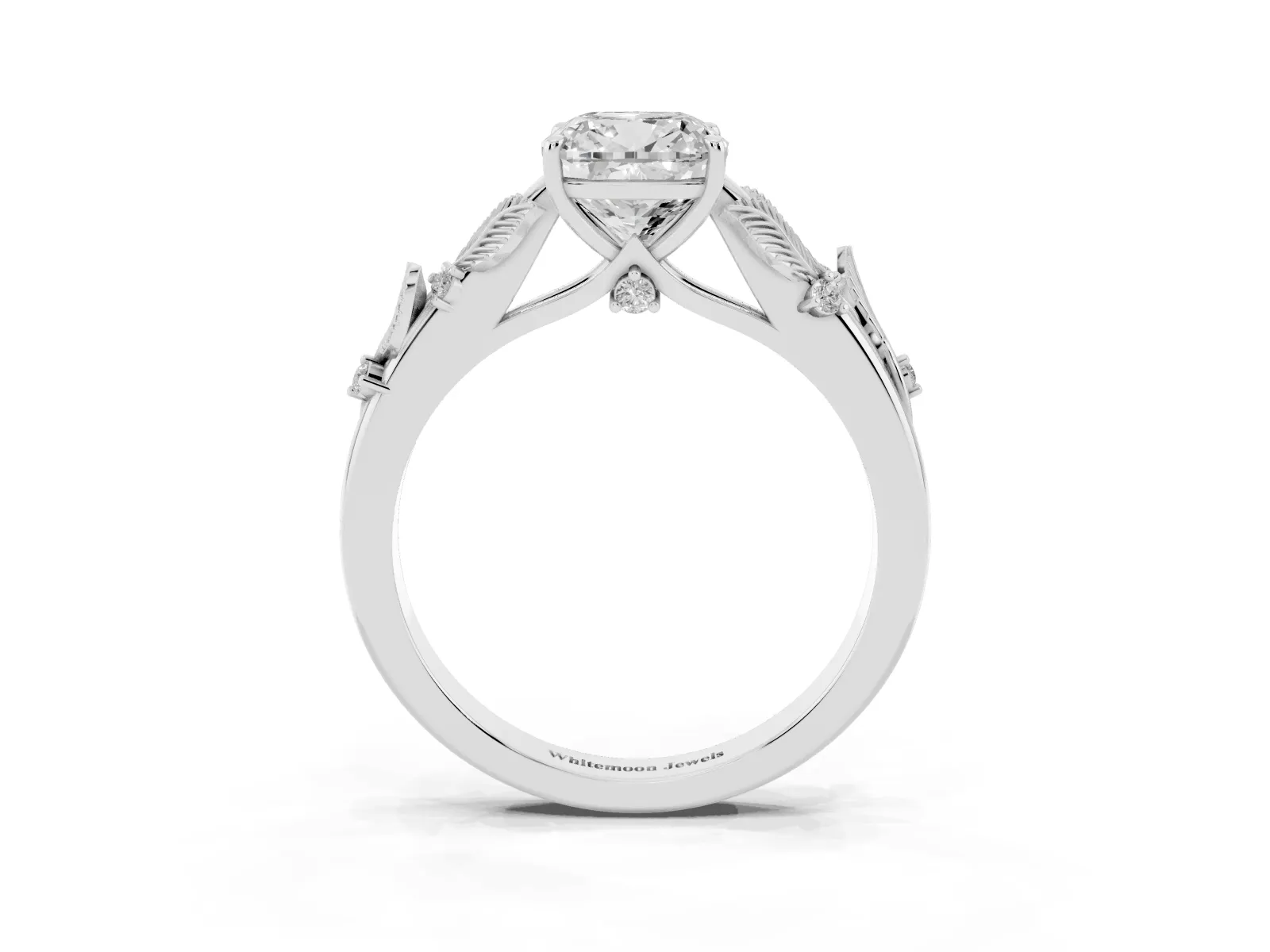 Cushion Cut Diamond Solitaire Ring with Leaf Motif Band and Four-Prong Setting Platinum